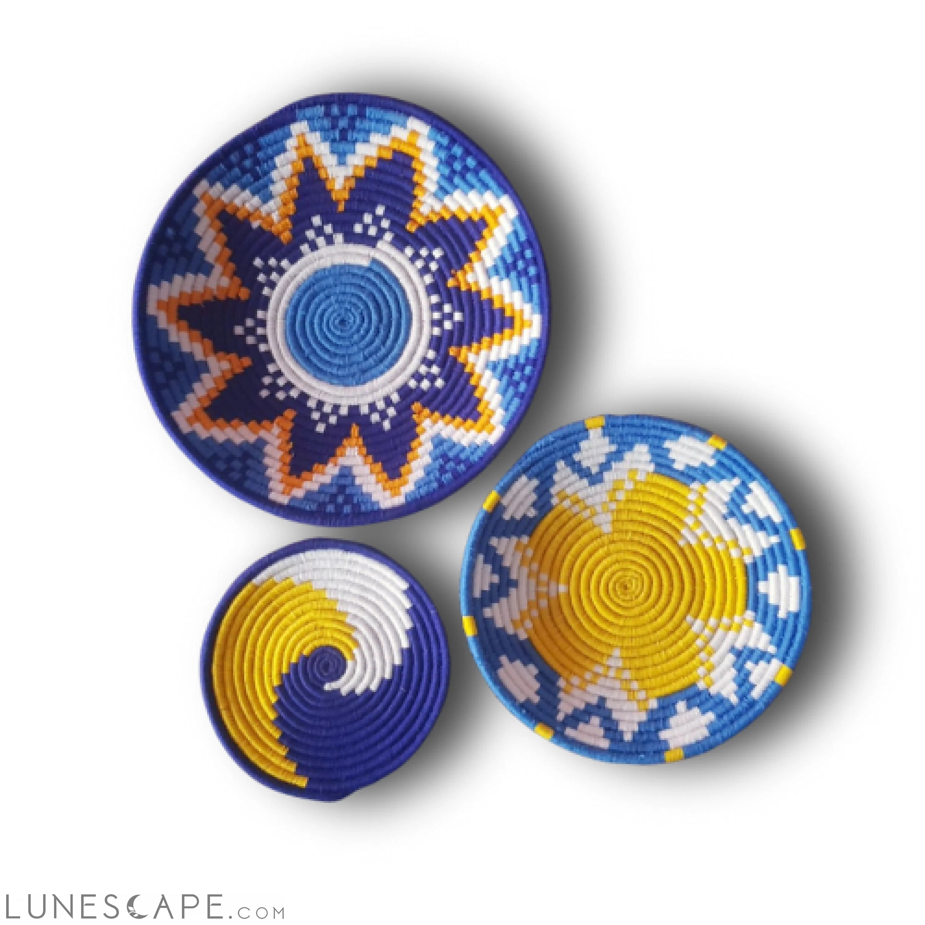 Handwoven Set of 3 Decorative Star & Swirl Plates - Yellow, White Orange & Blue LUNESCAPE