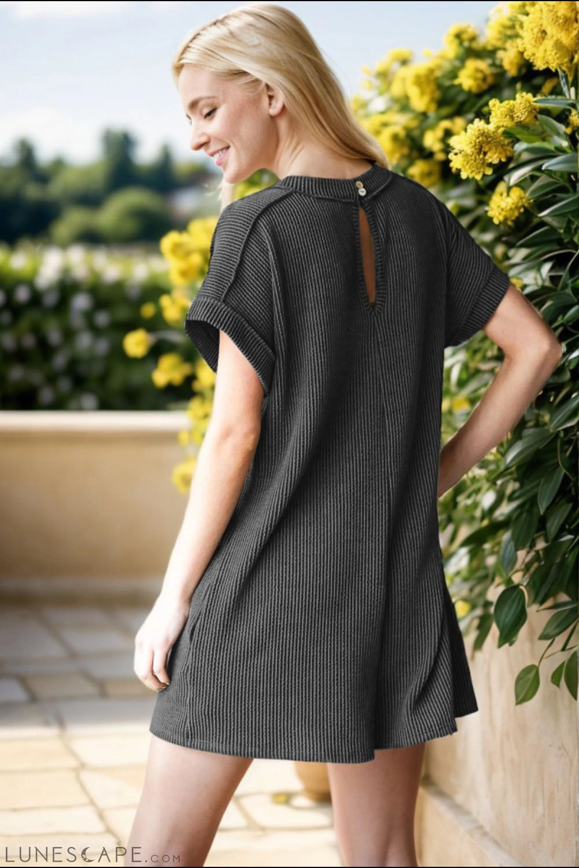 Heimish Full Size Short Sleeve Ribbed Romper with Pockets LUNESCAPE