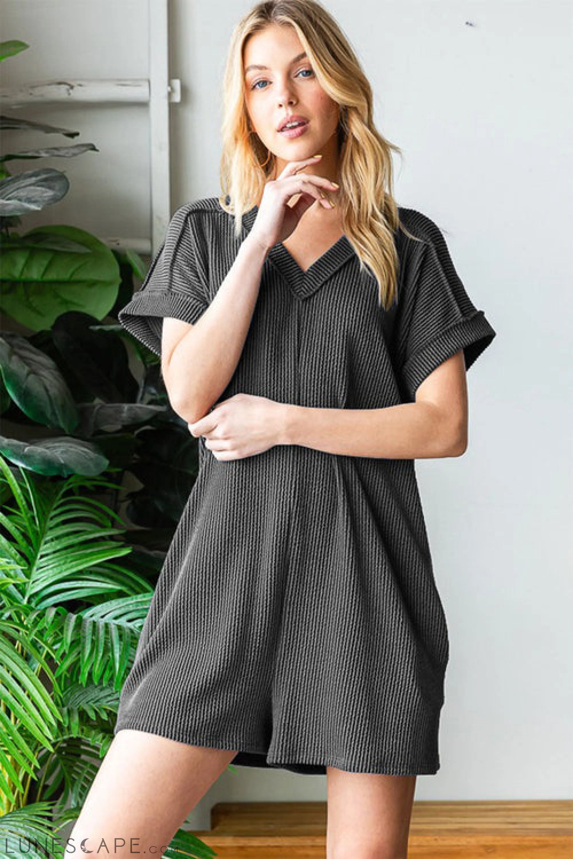 Heimish Full Size Short Sleeve Ribbed Romper with Pockets LUNESCAPE