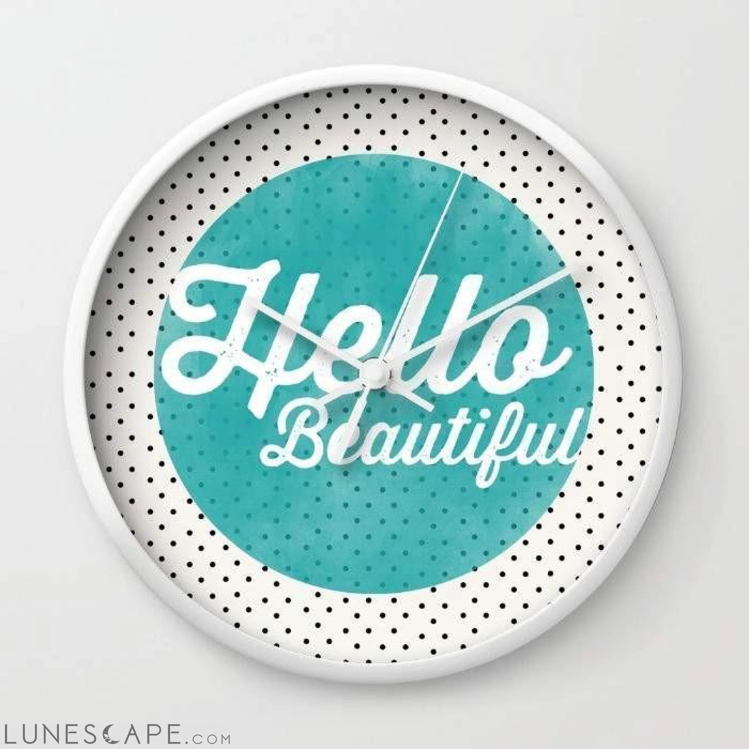 Hello Beautiful Teal Dots Typography Wall Clock LUNESCAPE