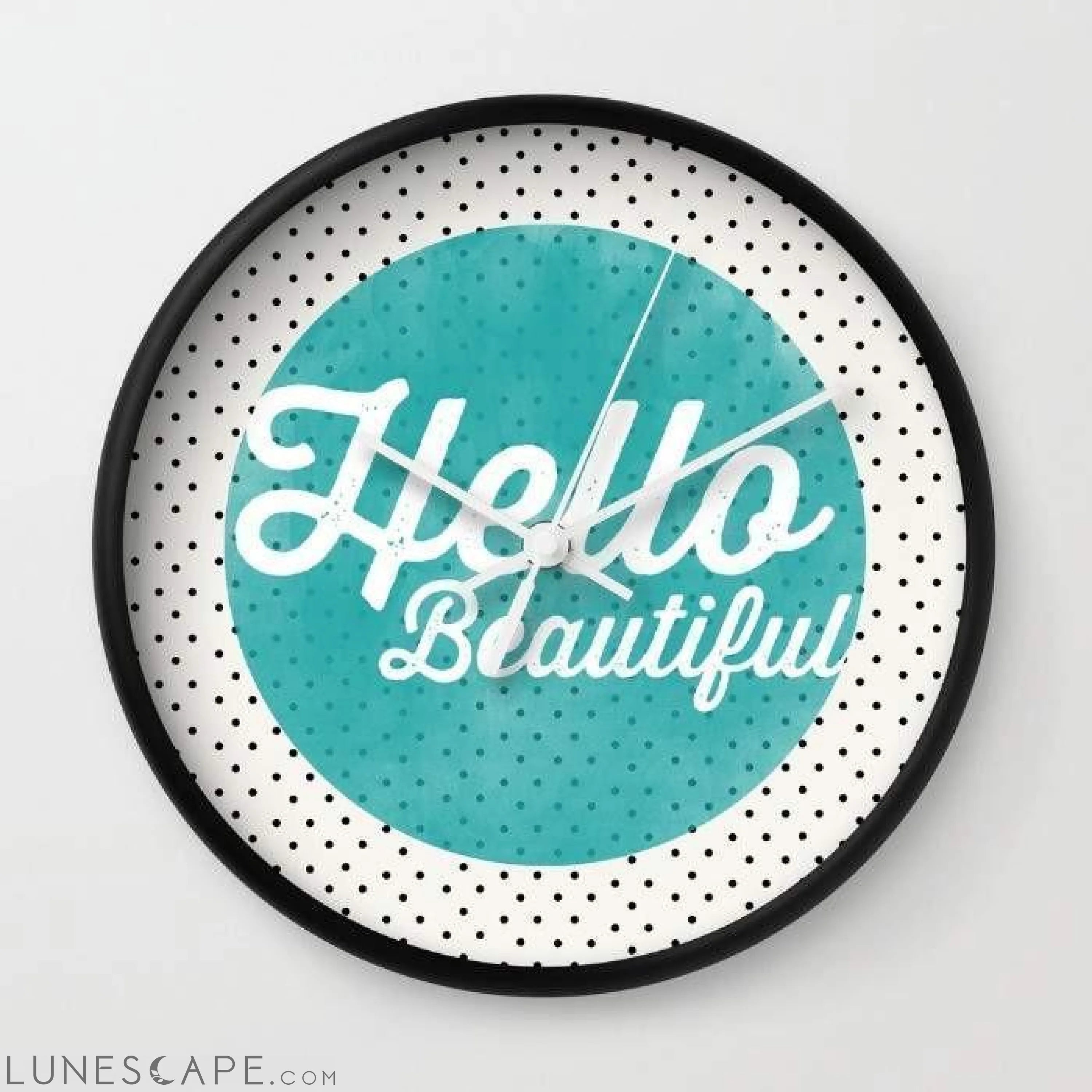 Hello Beautiful Teal Dots Typography Wall Clock LUNESCAPE
