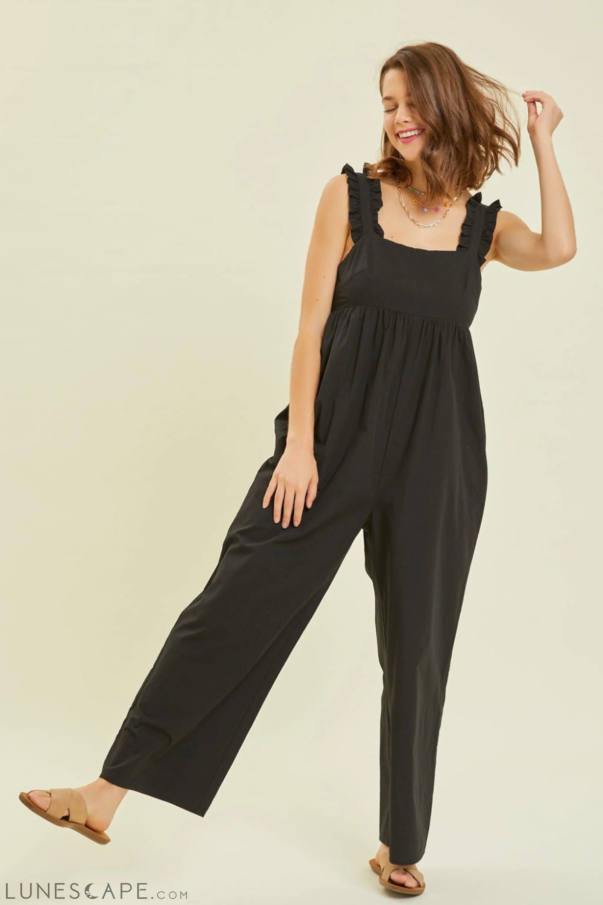 HEYSON Full Size Ruffled Strap Back Tie Wide Leg Jumpsuit LUNESCAPE