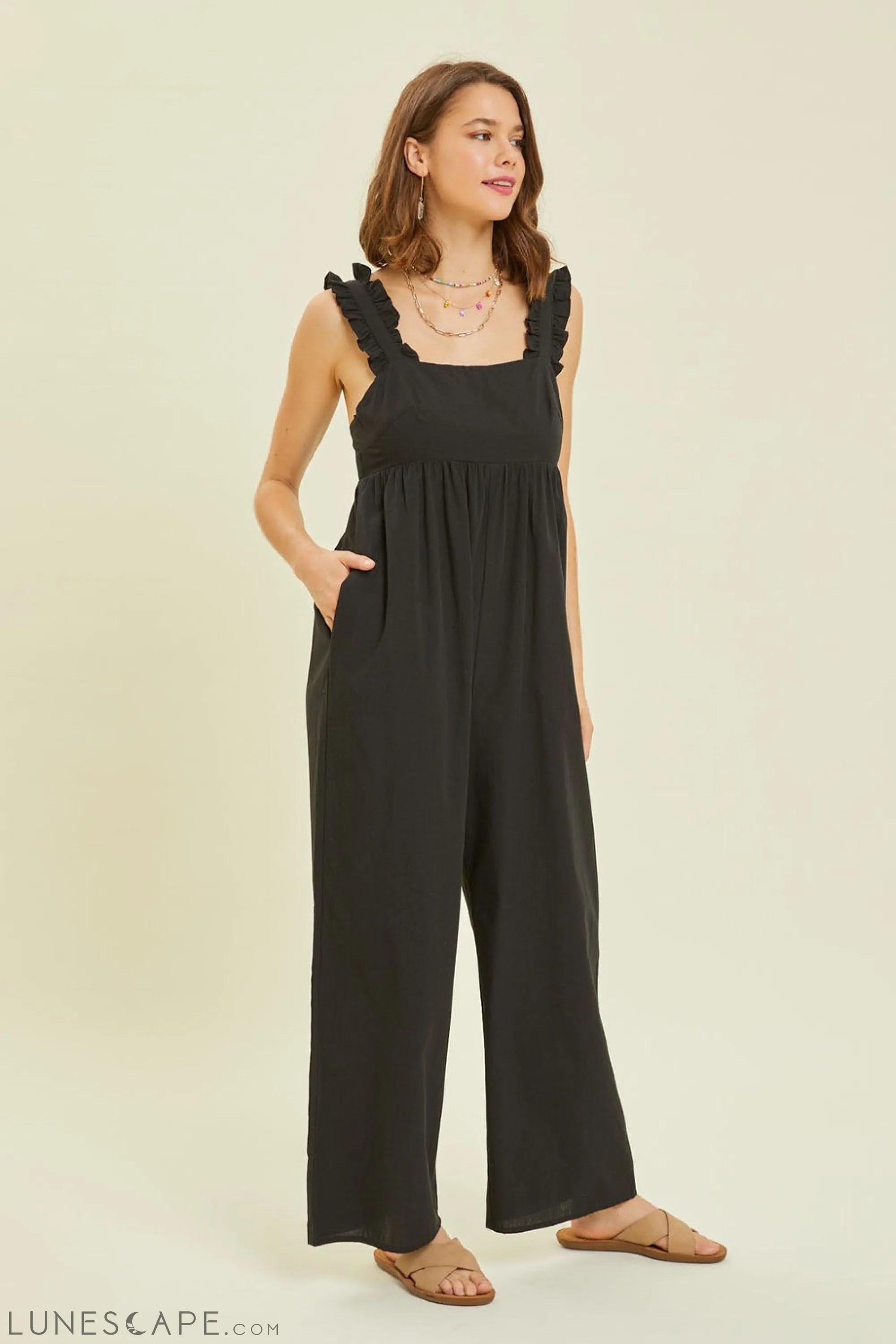HEYSON Full Size Ruffled Strap Back Tie Wide Leg Jumpsuit LUNESCAPE