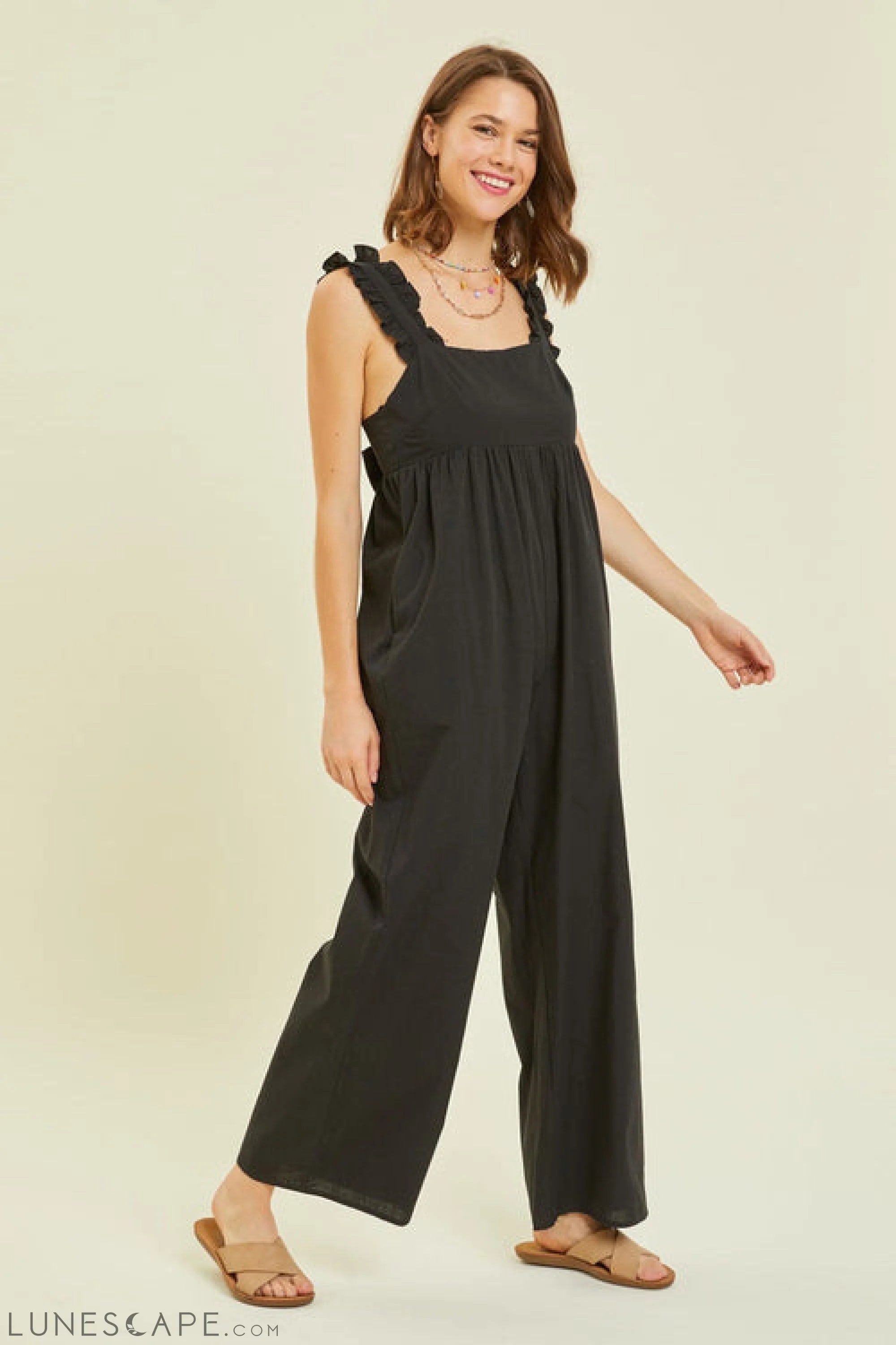 HEYSON Full Size Ruffled Strap Back Tie Wide Leg Jumpsuit LUNESCAPE