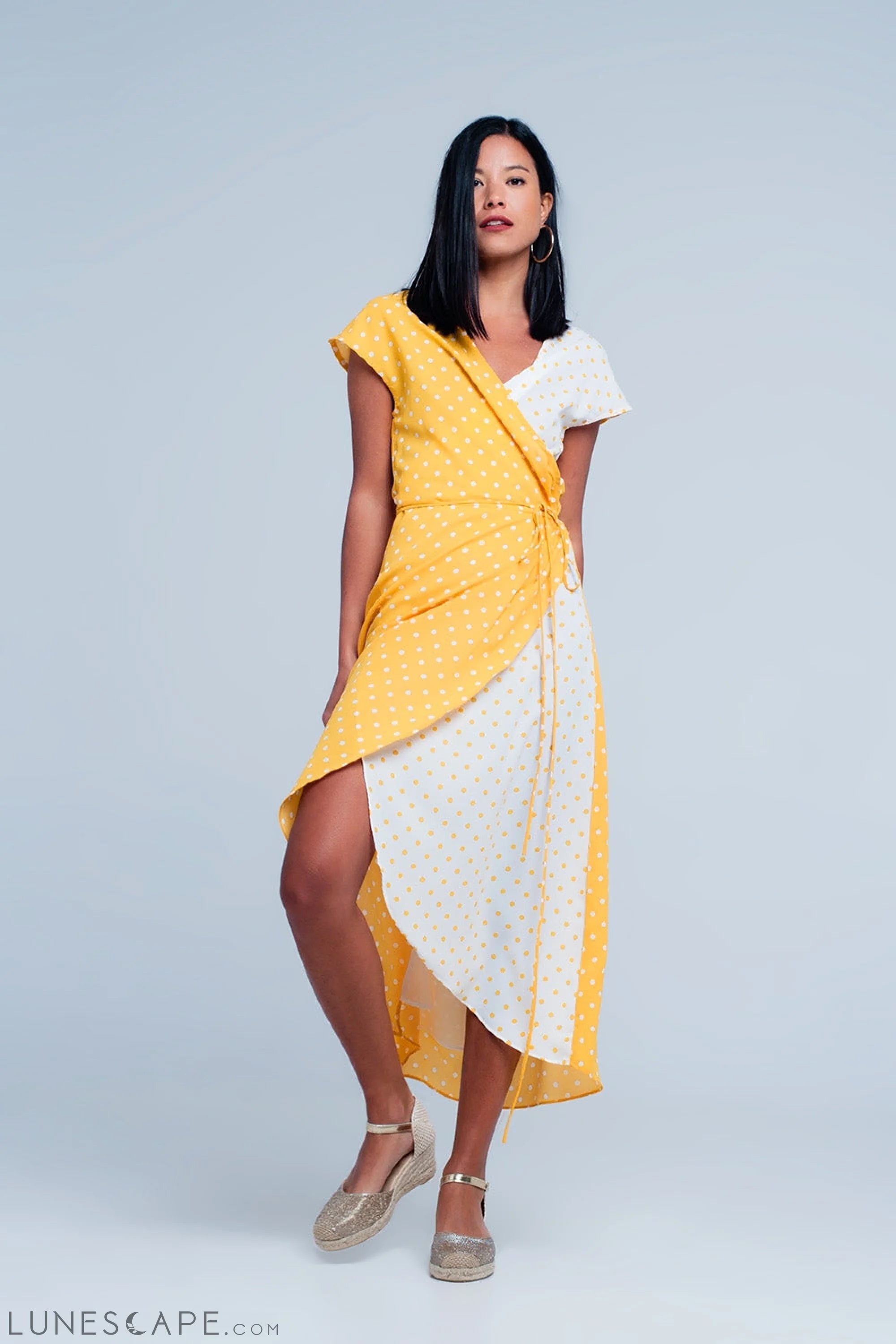 Hi-Lo Asymmetrical Yellow Dress With Polka Dots LUNESCAPE