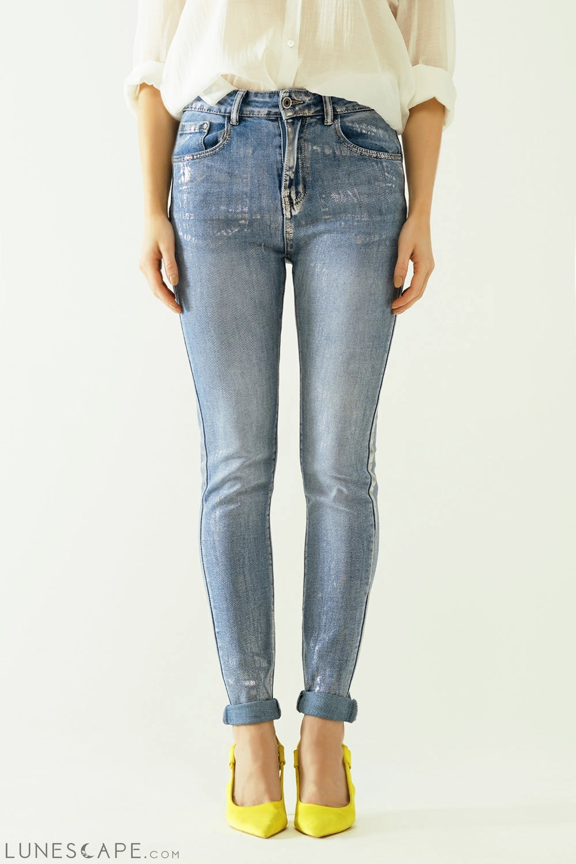 High-Waisted Jeans With Five Pockets With Silver Powder-Coated Effect LUNESCAPE