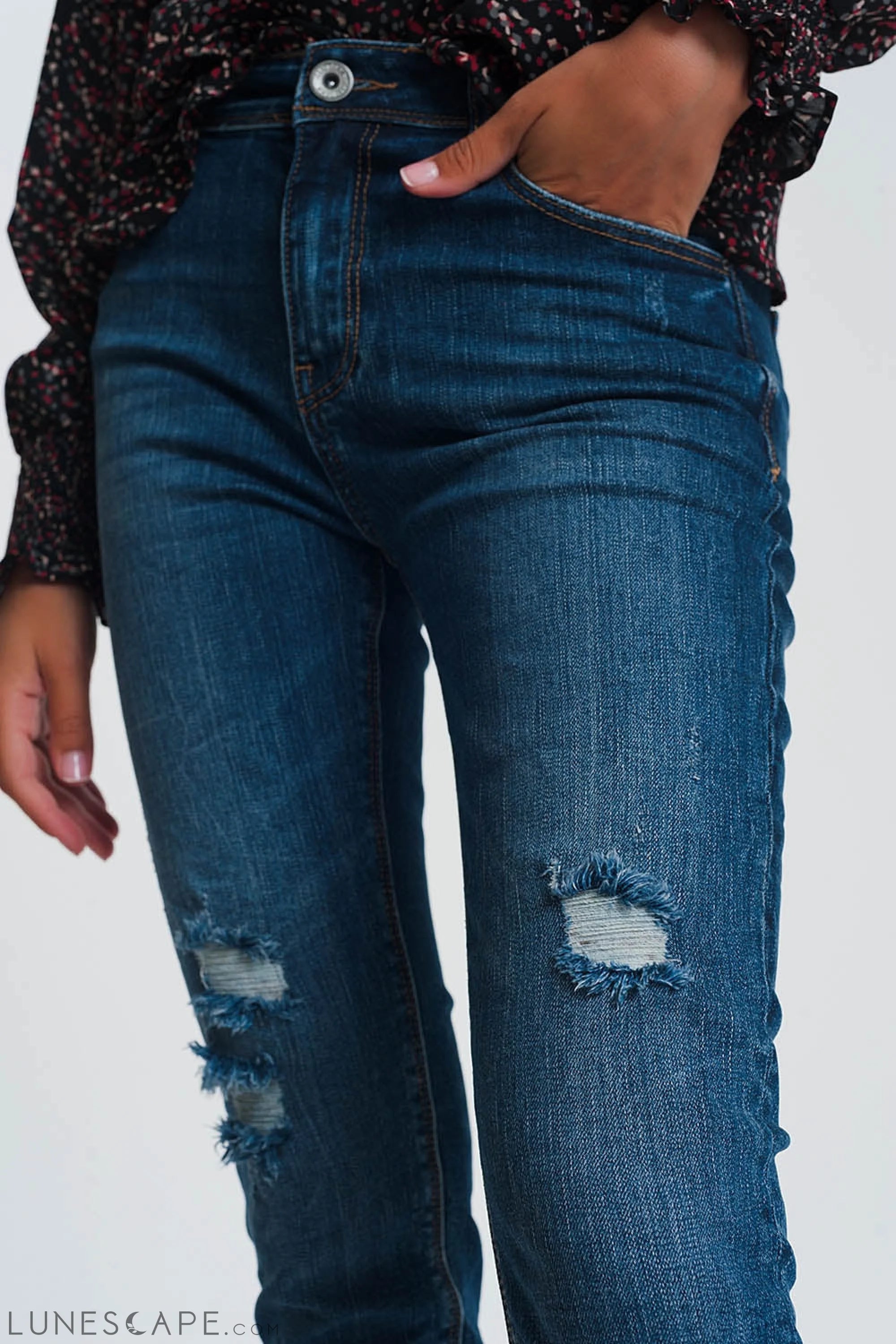 High Waisted Skinny Jeans in Dark Wash Blue With Ripped Details LUNESCAPE