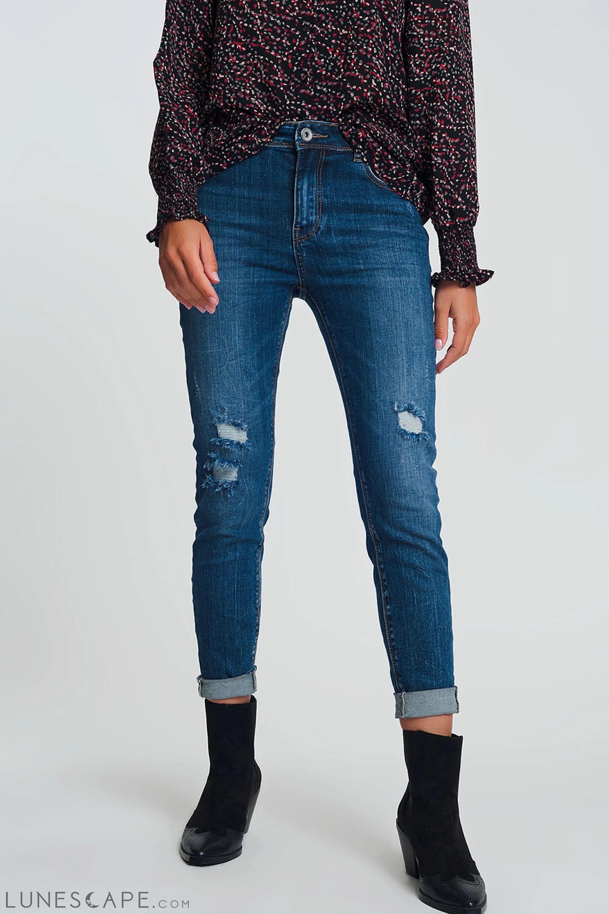 High Waisted Skinny Jeans in Dark Wash Blue With Ripped Details LUNESCAPE