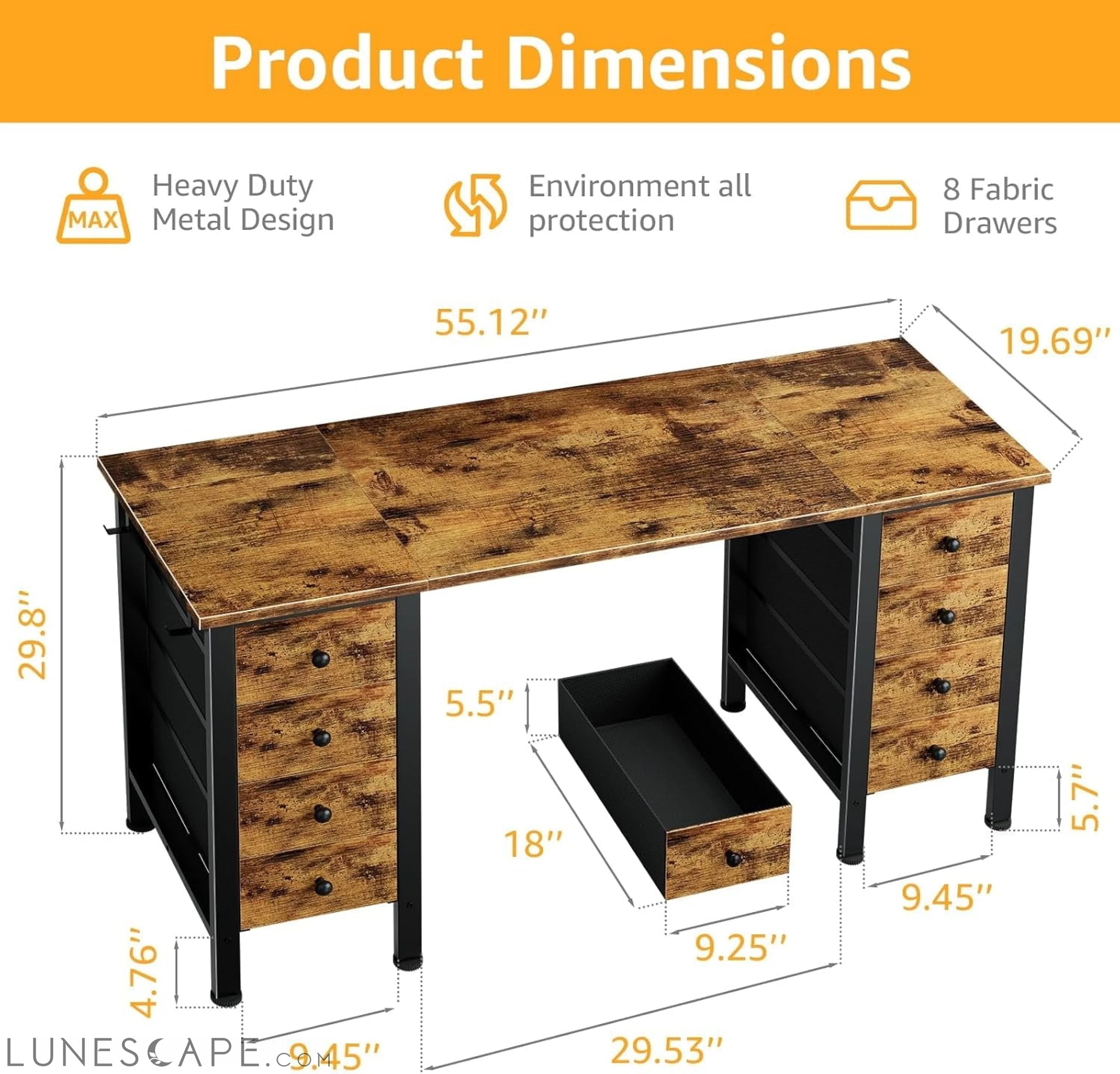 Home Office Desk with Drawers for Storage - 55 Inch Computer Desk with LUNESCAPE
