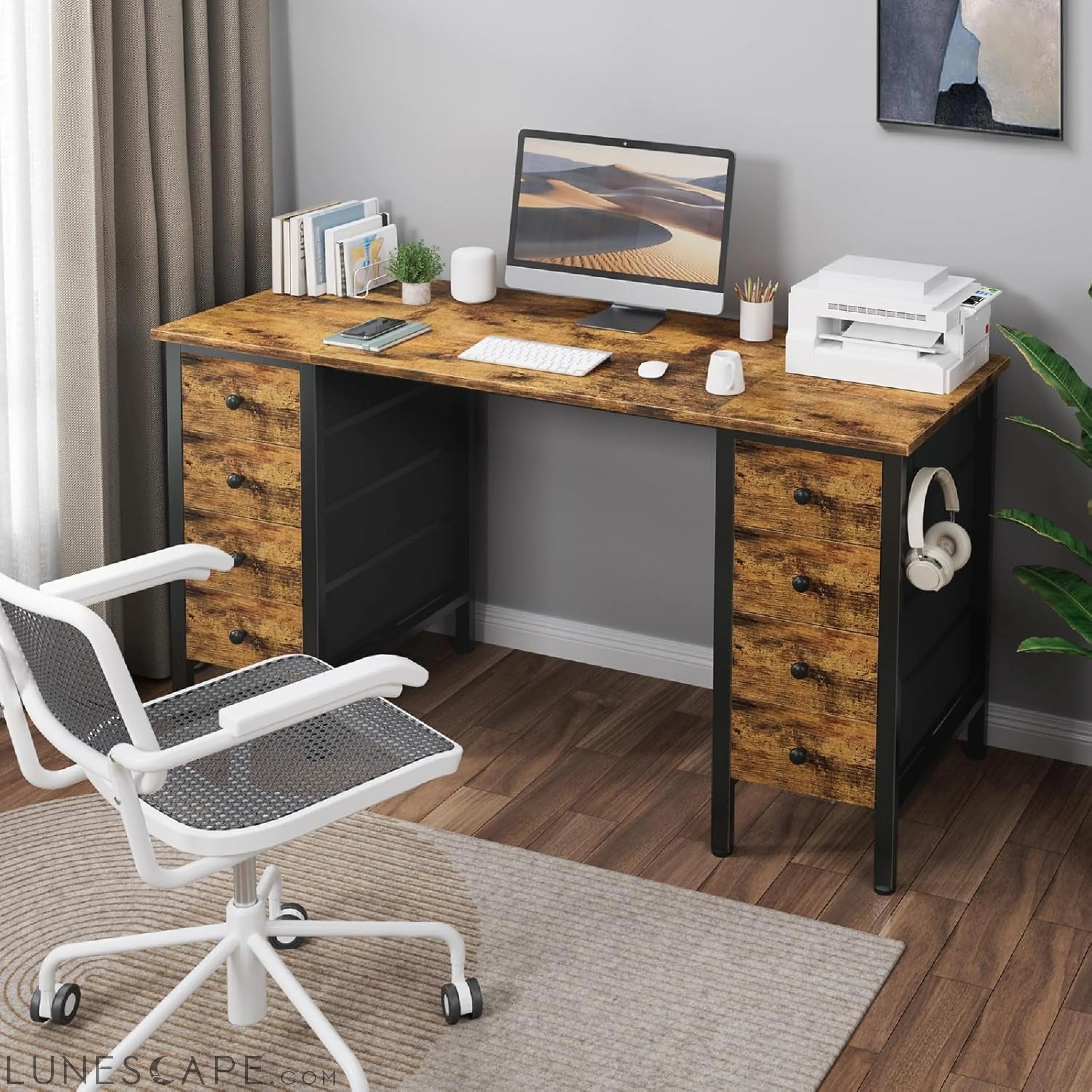 Home Office Desk with Drawers for Storage - 55 Inch Computer Desk with LUNESCAPE