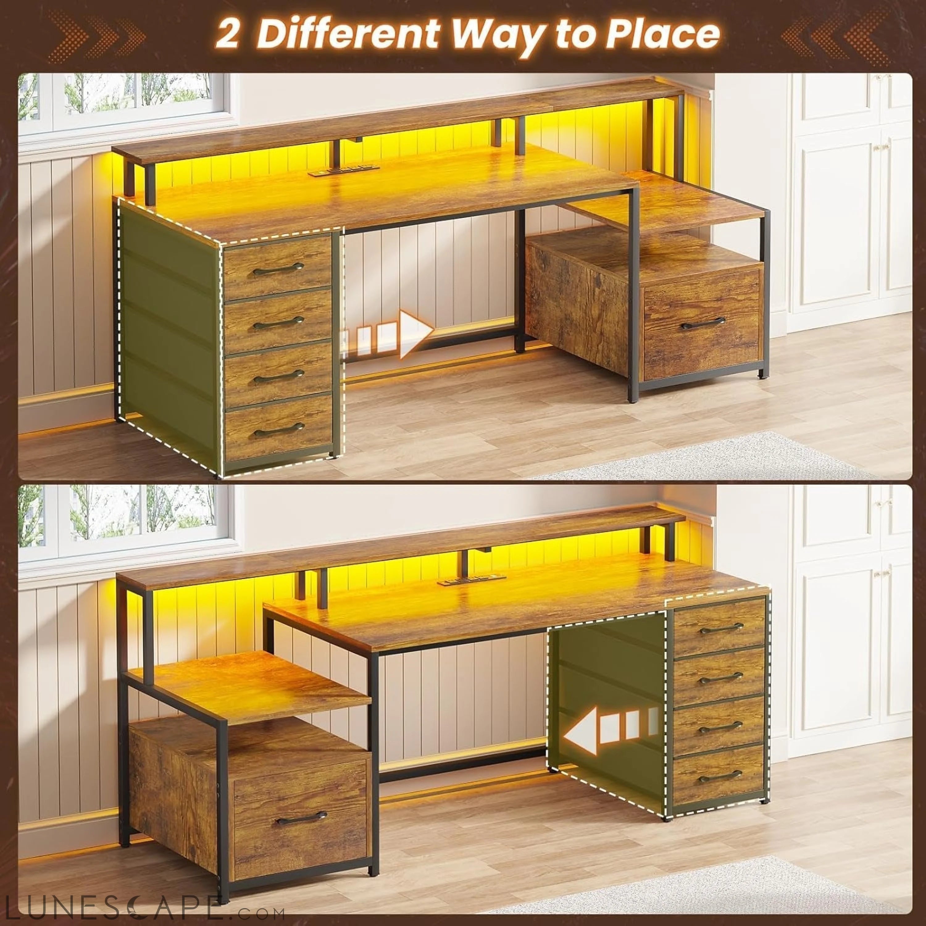 Home Office Desk with File Drawer & Power Outlet, 66'' Computer Desk LUNESCAPE
