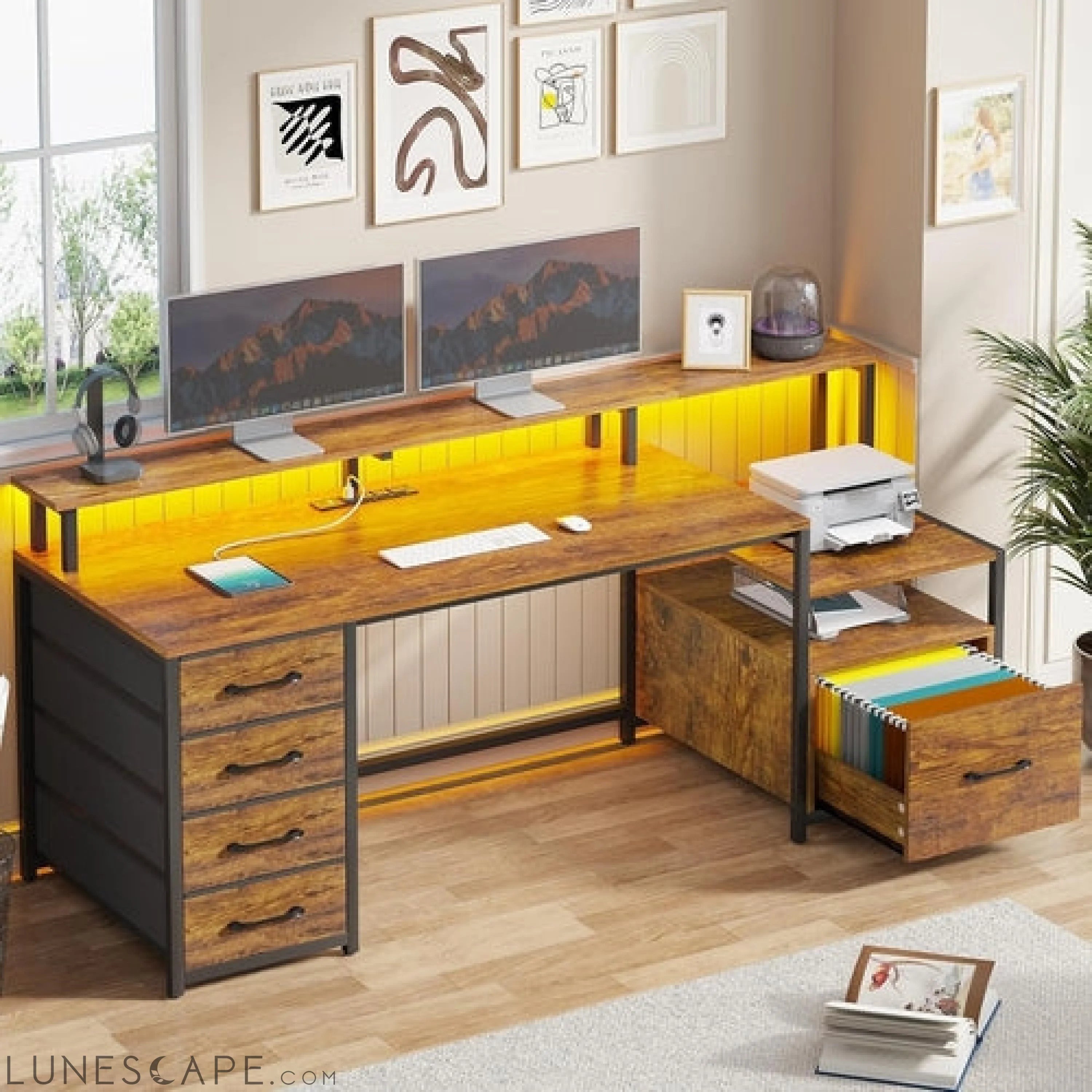 Home Office Desk with File Drawer & Power Outlet, 66'' Computer Desk LUNESCAPE