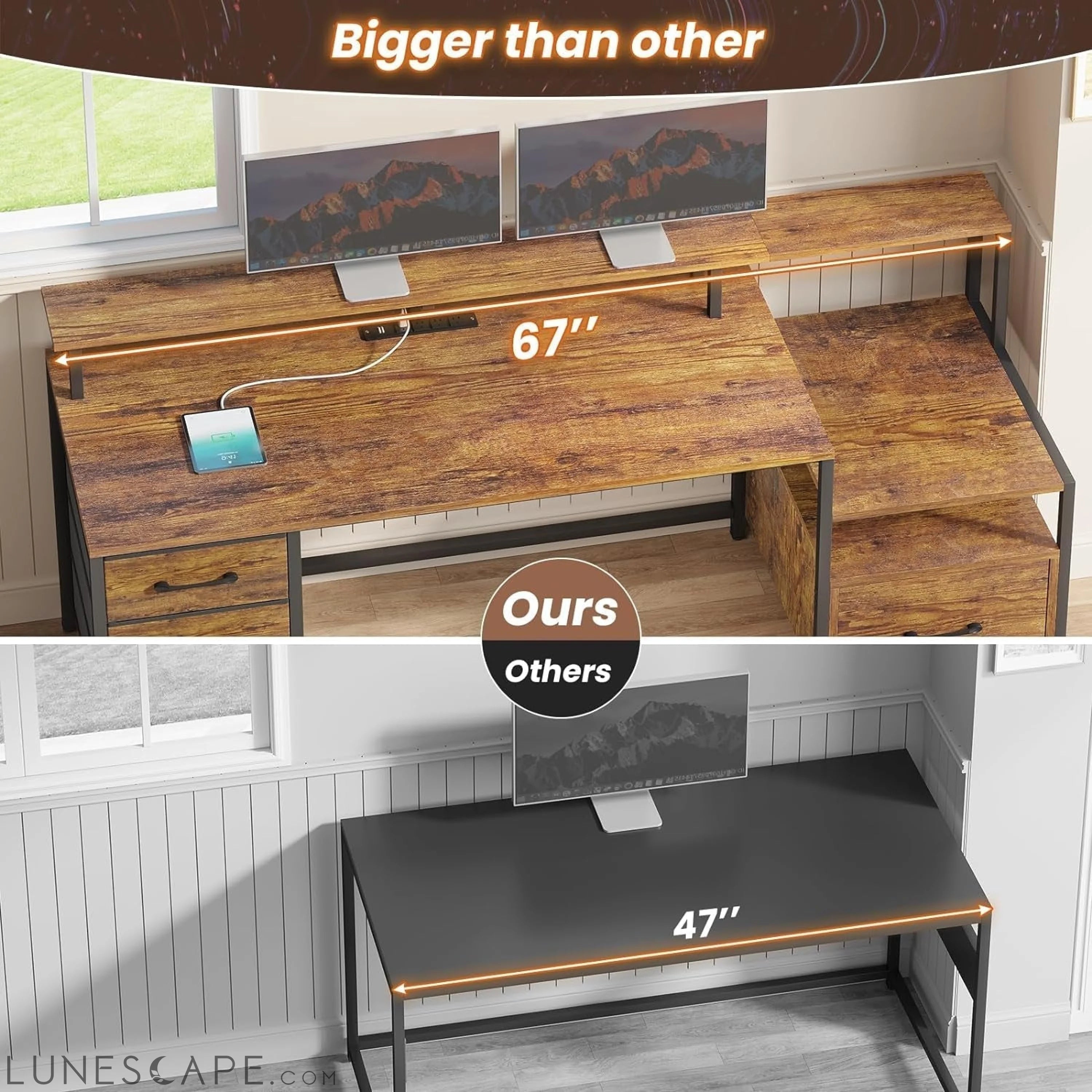 Home Office Desk with File Drawer & Power Outlet, 66'' Computer Desk LUNESCAPE