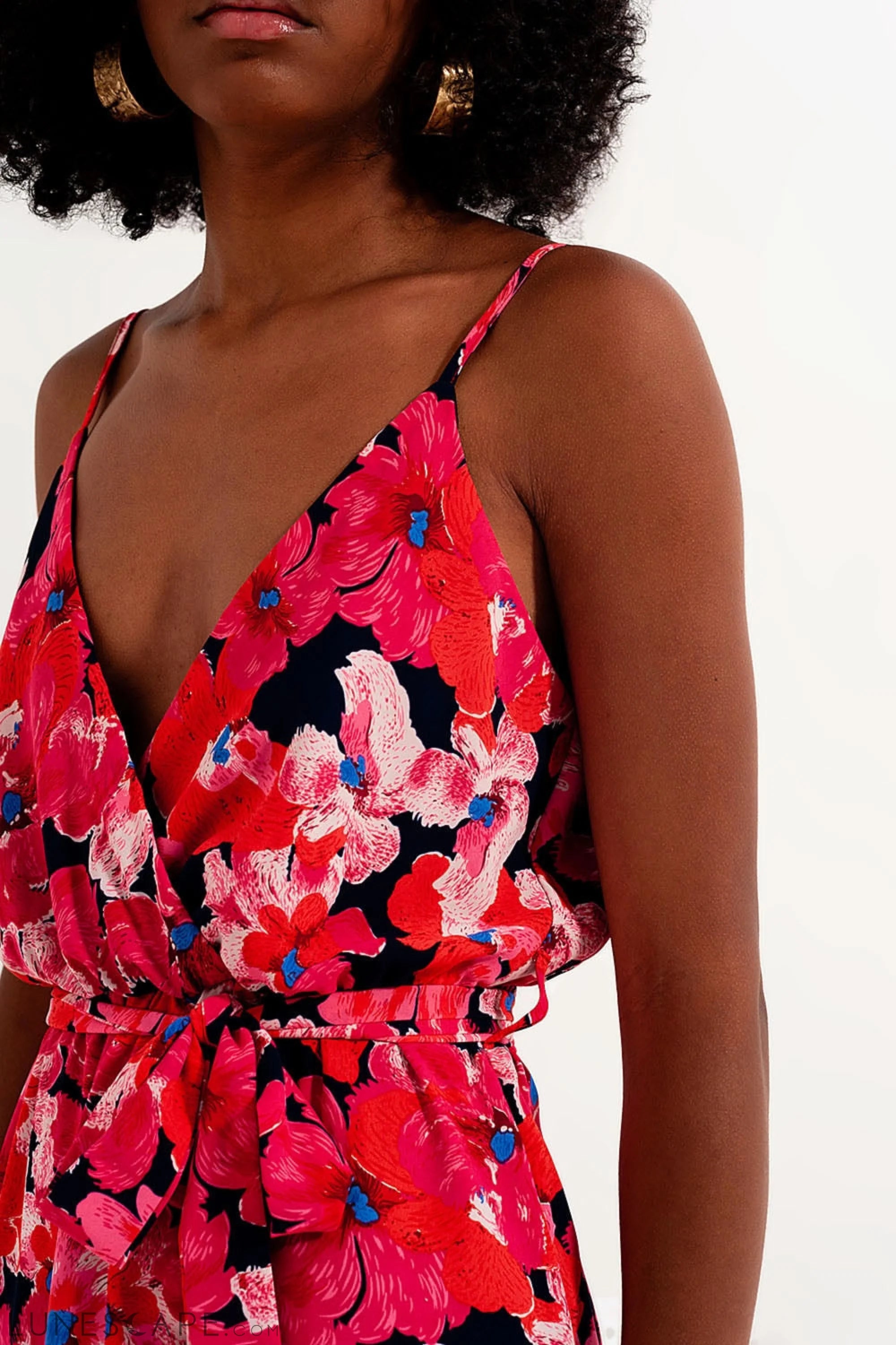 Hot Pink Short Dress With Flower Print and Straps LUNESCAPE