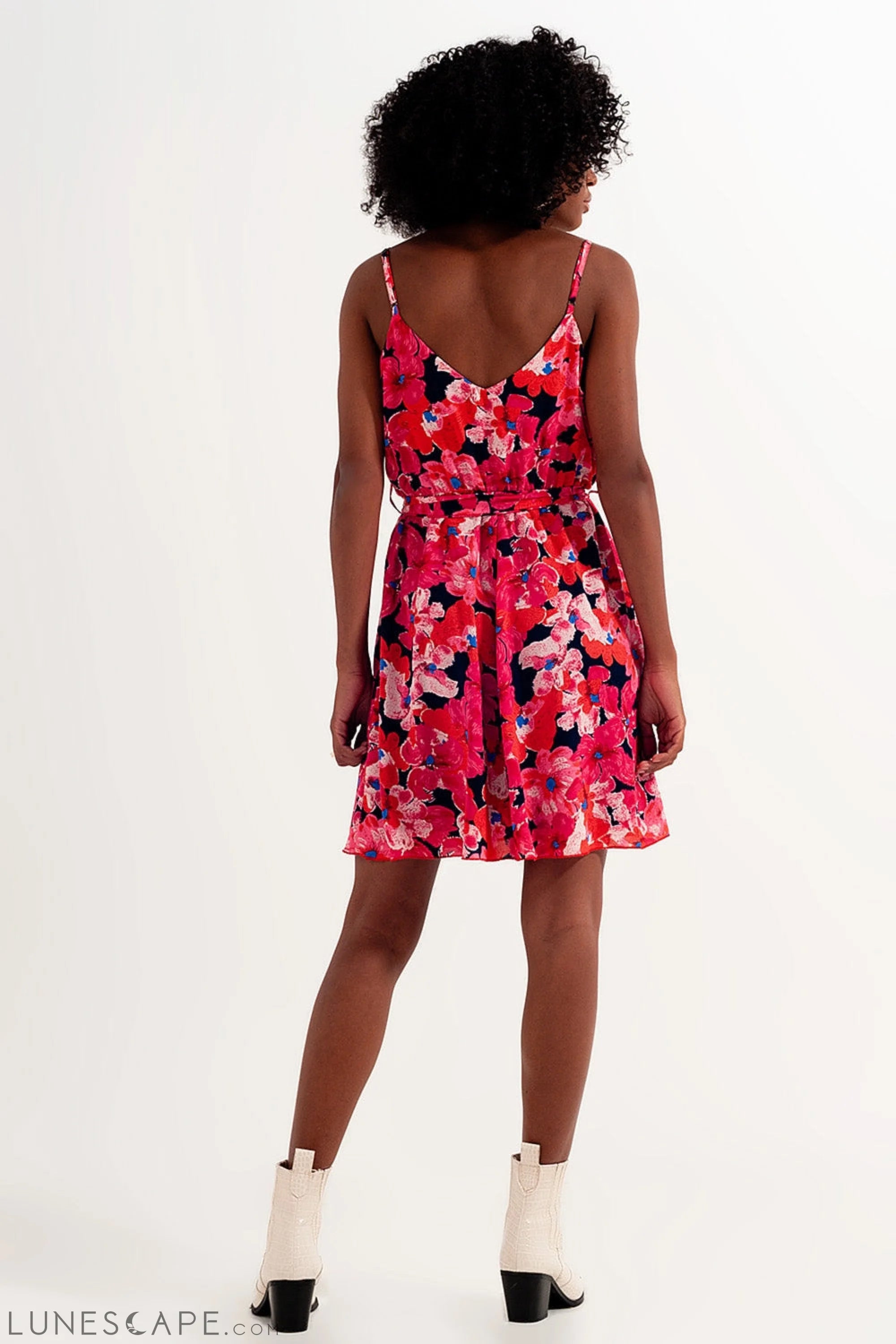 Hot Pink Short Dress With Flower Print and Straps LUNESCAPE