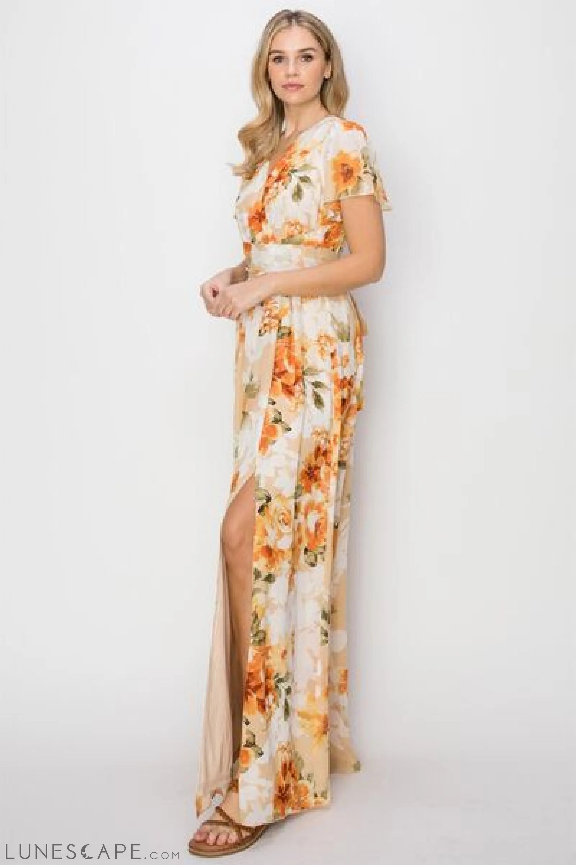 HYFVE Floral Tie Back Short Sleeve Slit Maxi Dress LUNESCAPE