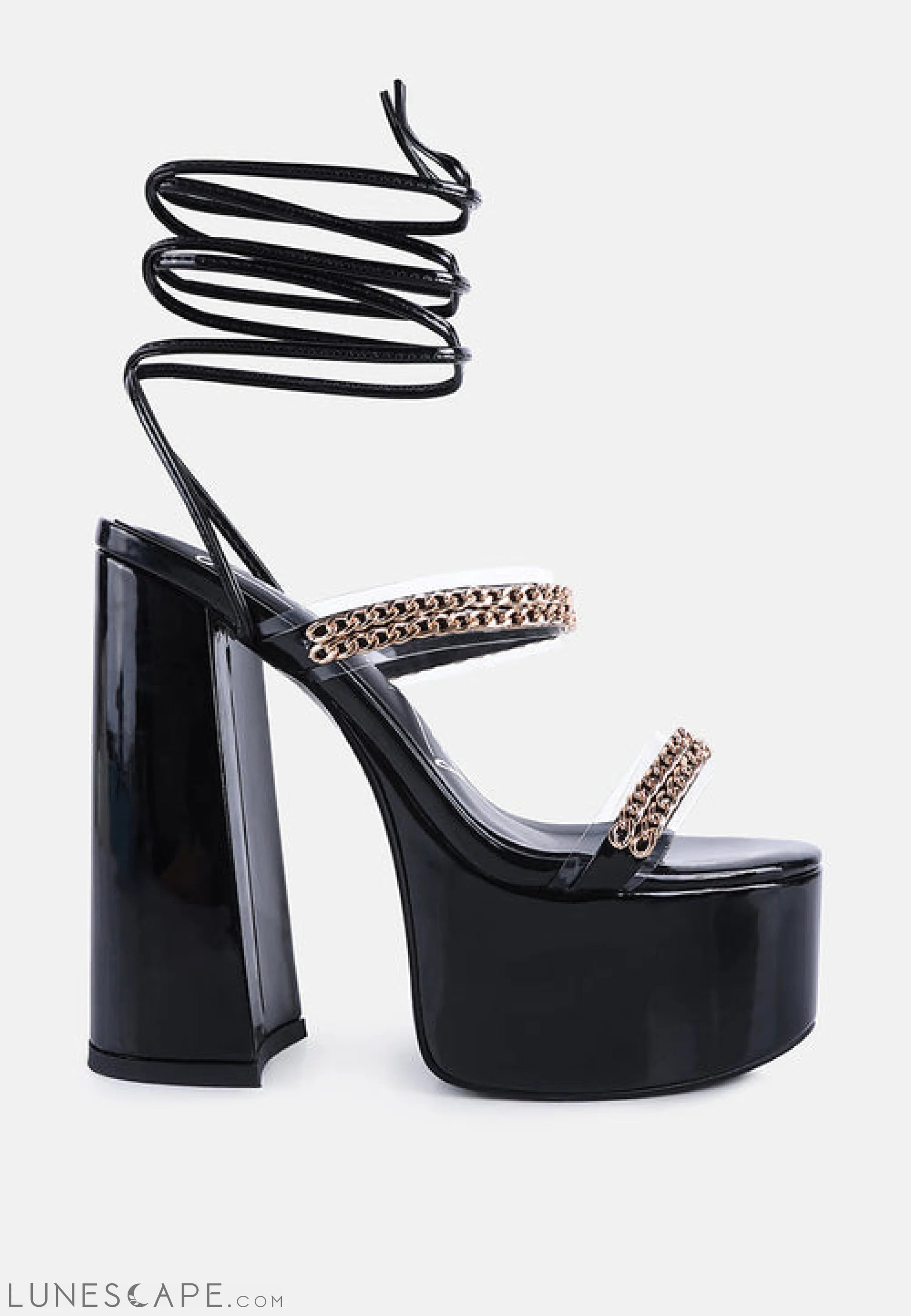Indulgence Metal Chain Lace Up Chunky Sandals LUNESCAPE