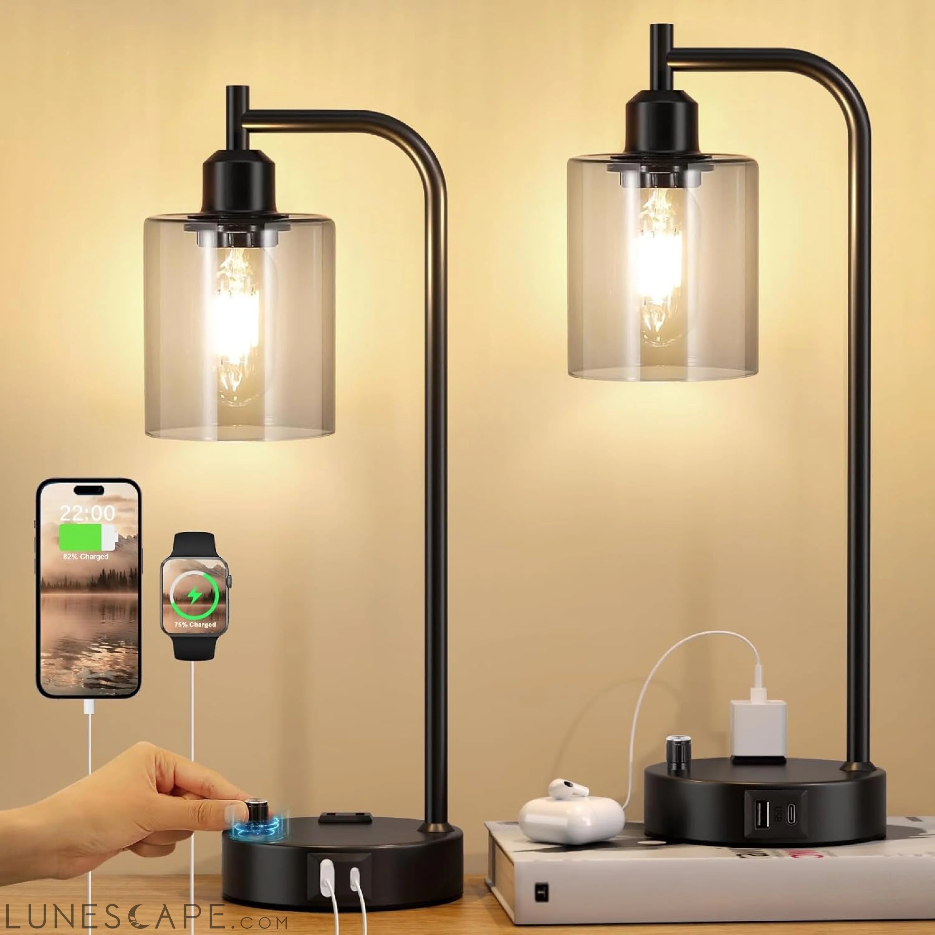 Industrial Desk Lamps for Office Set of 2 - Fully Dimmable Bedside LUNESCAPE