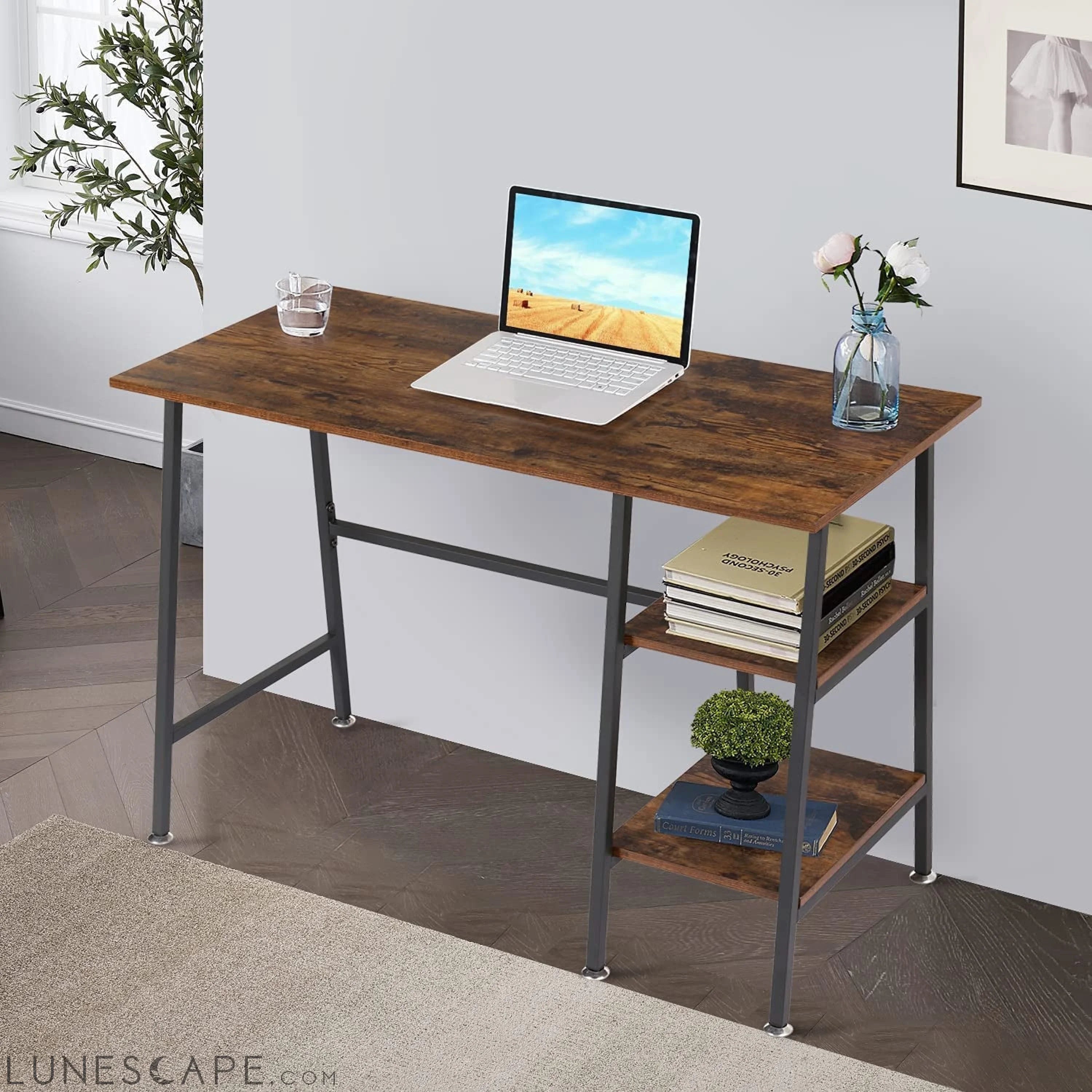 Industrial Style Home Office Desk with Shelves LUNESCAPE