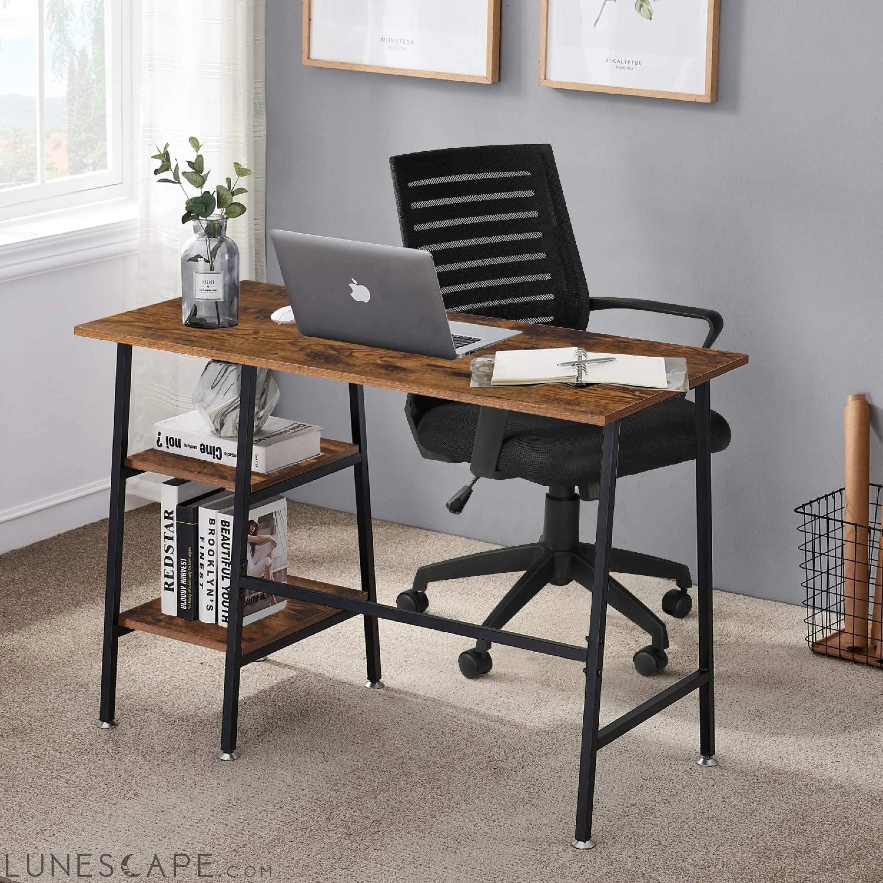 Industrial Style Home Office Desk with Shelves LUNESCAPE