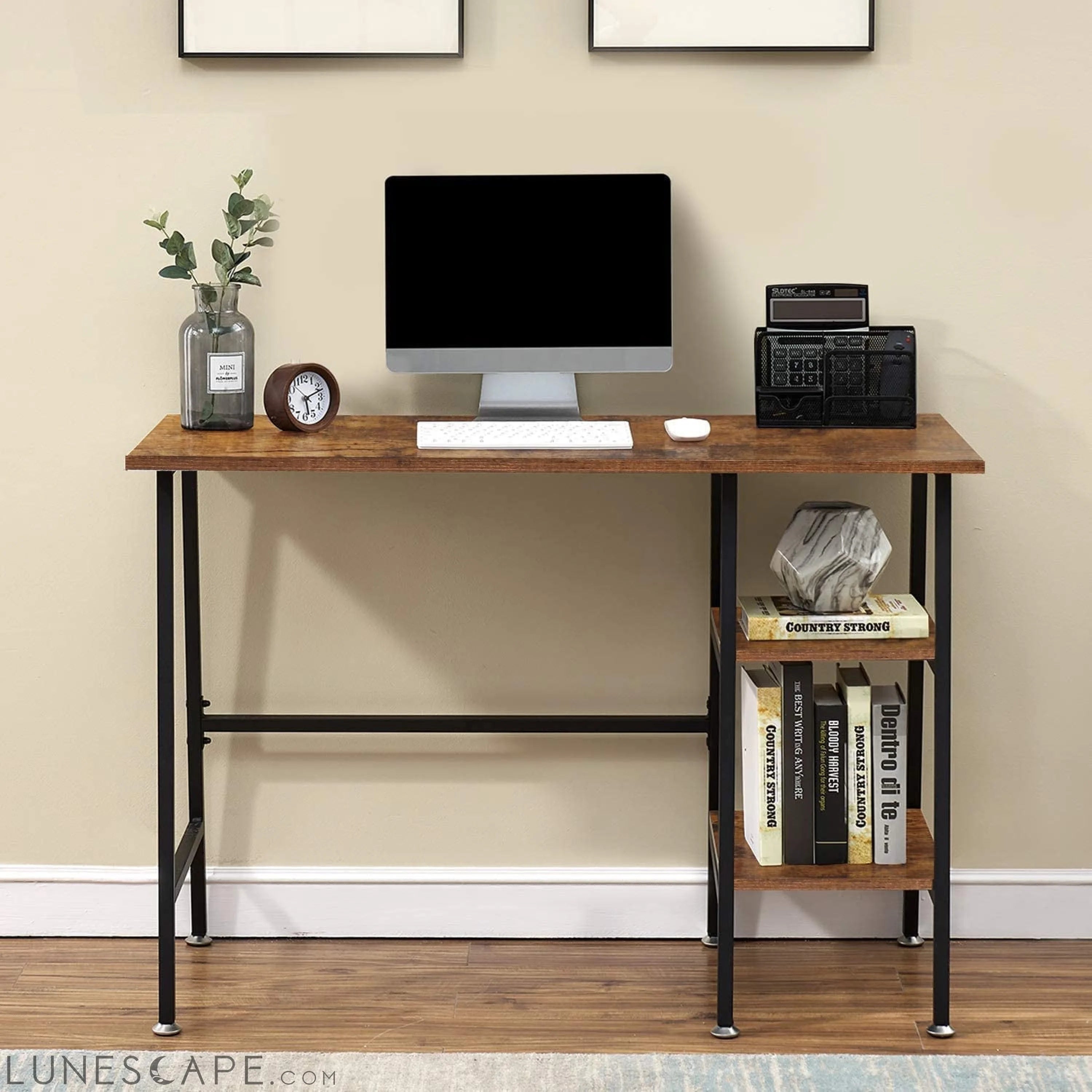Industrial Style Home Office Desk with Shelves LUNESCAPE