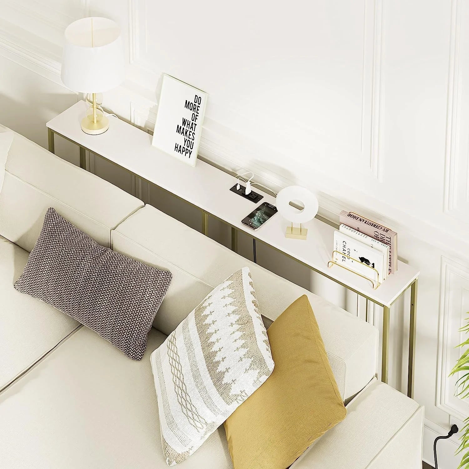 Industrial White Console Table with Power Outlets LUNESCAPE