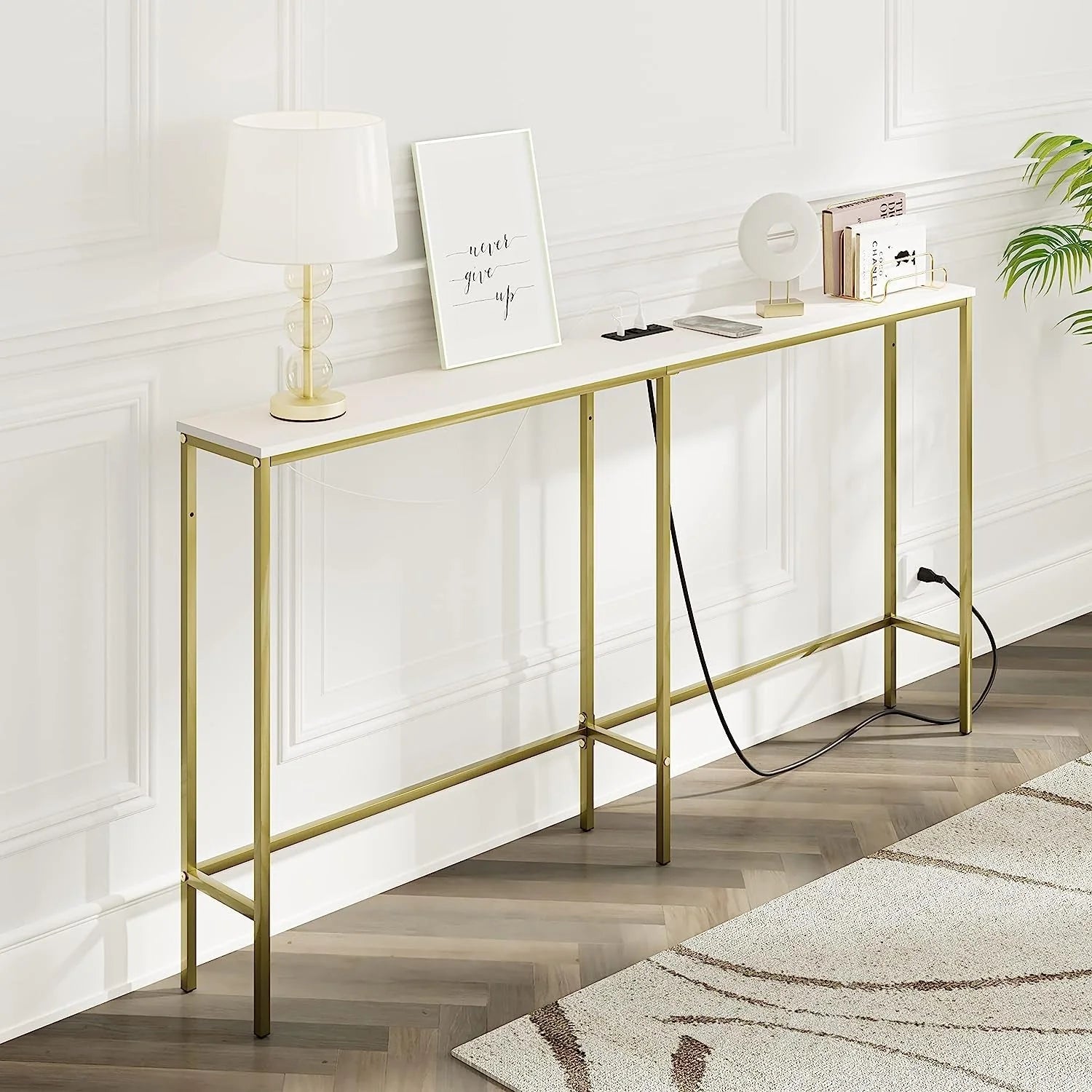 Industrial White Console Table with Power Outlets LUNESCAPE