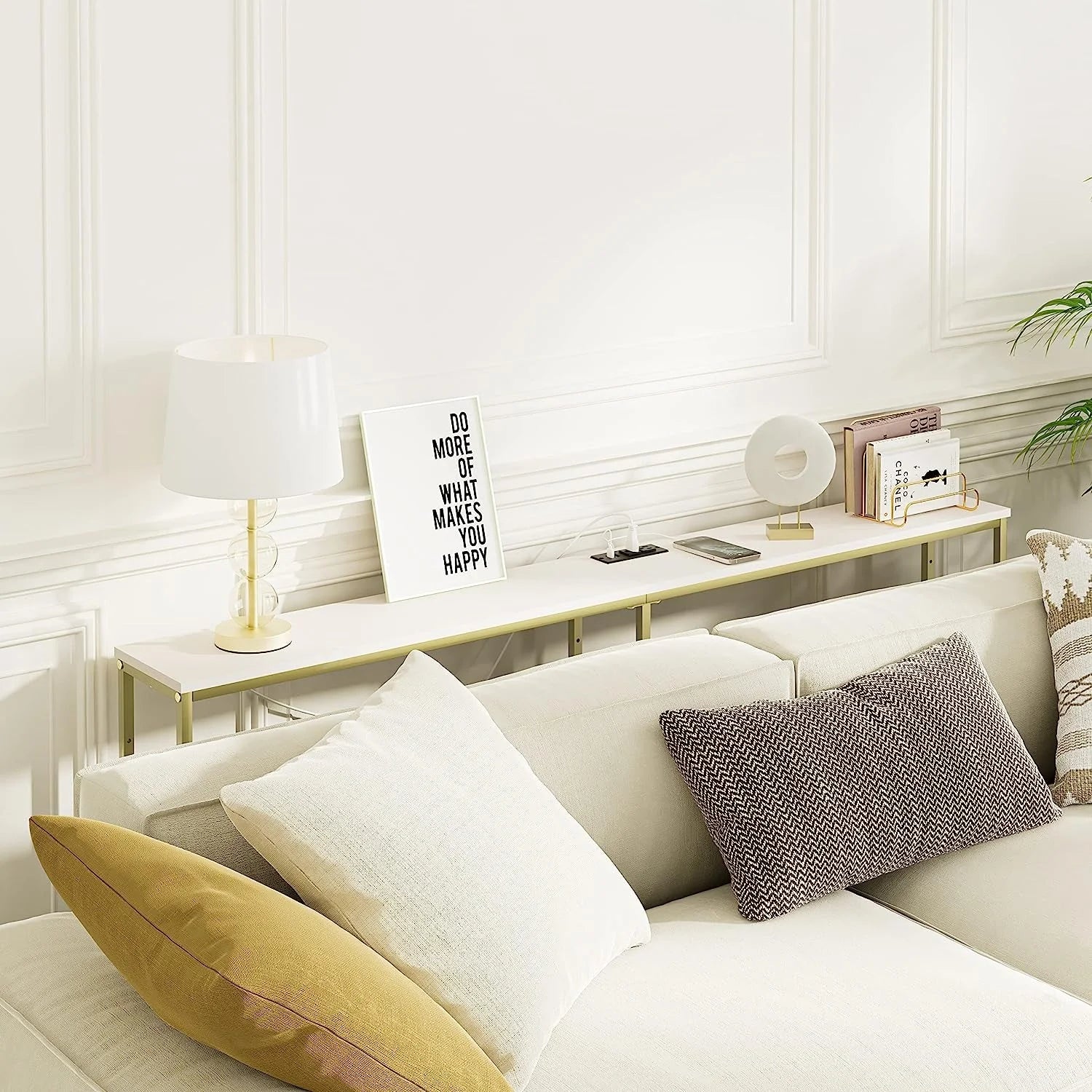 Industrial White Console Table with Power Outlets LUNESCAPE