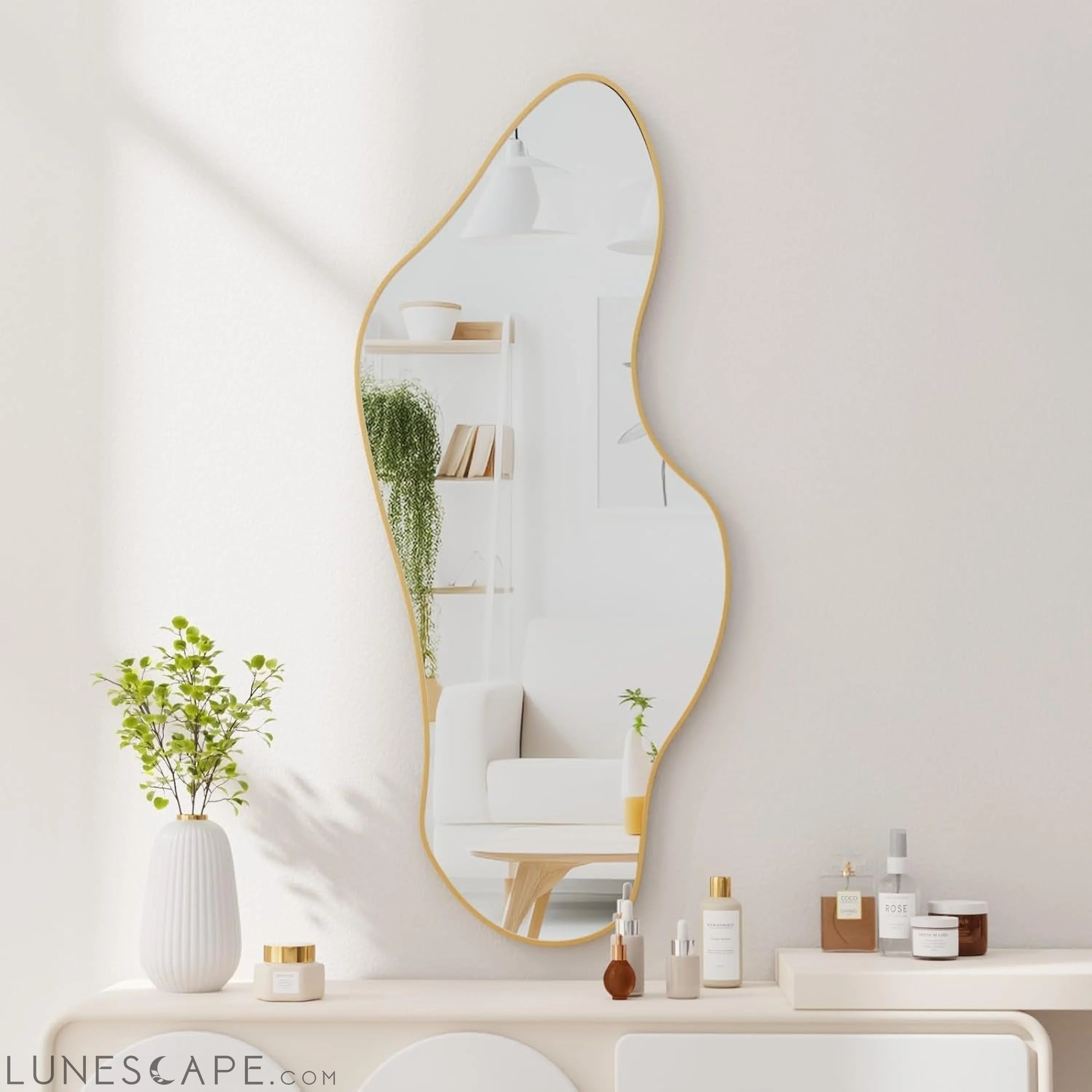 Irregular Wall Mirror Asymmetrical Mirror for Wall 19.6X47 Gold Framed LUNESCAPE