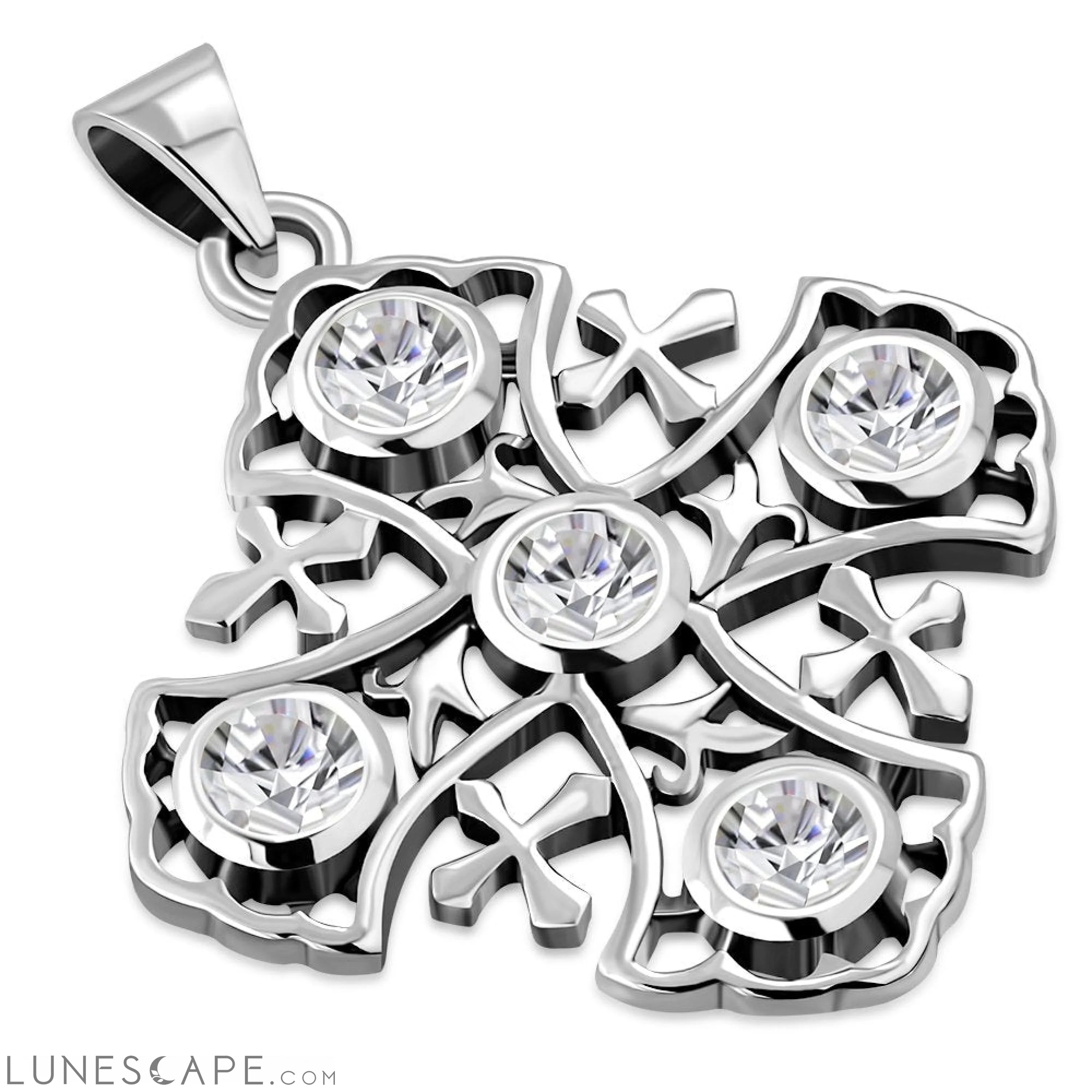 Jerusalem Cross Silver Pendant Set W/ Clear CZ LUNESCAPE