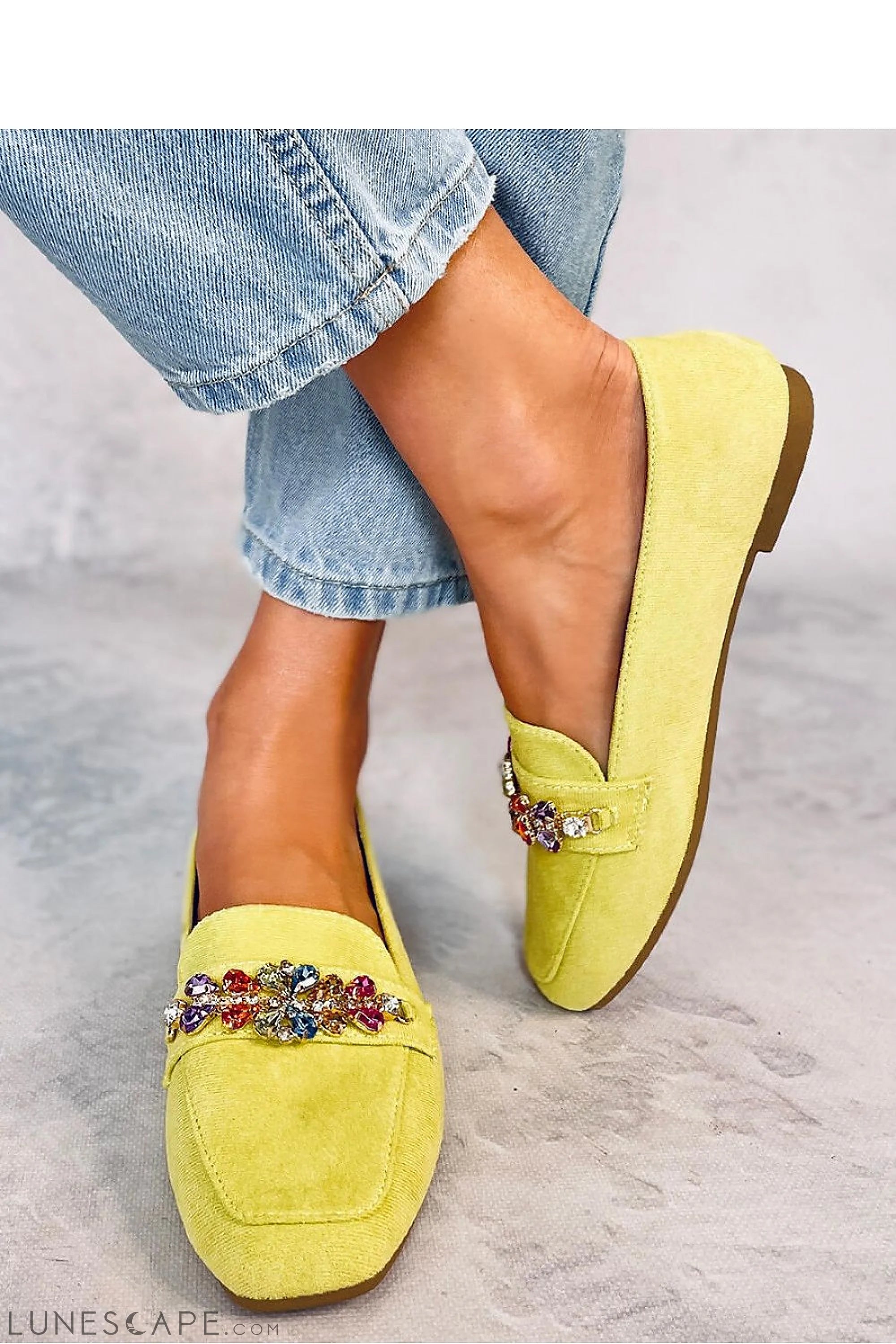 Jewelled Lime Green Fabric Beaded Loafers for Women – Square Toe LUNESCAPE