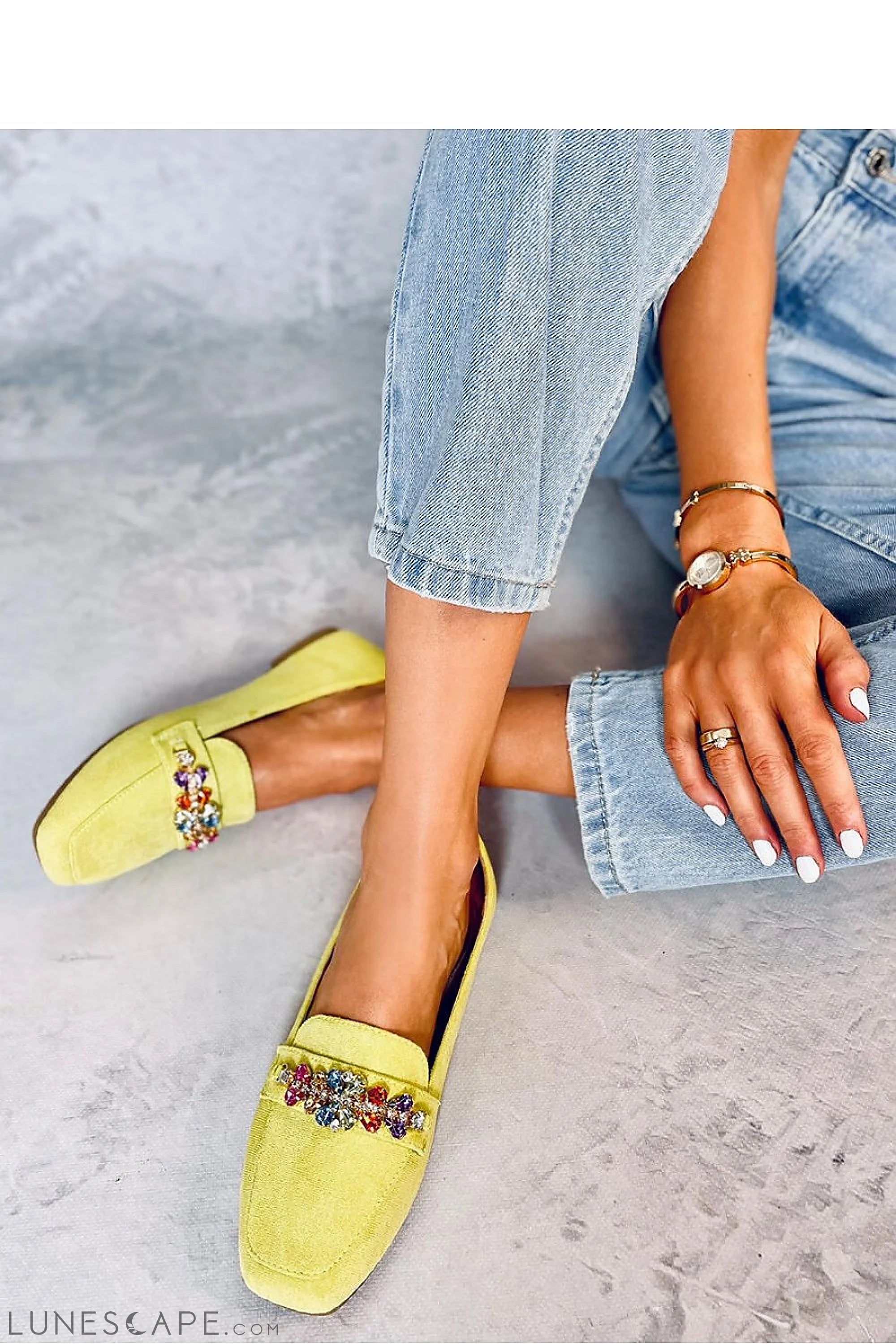 Jewelled Lime Green Fabric Beaded Loafers for Women – Square Toe LUNESCAPE