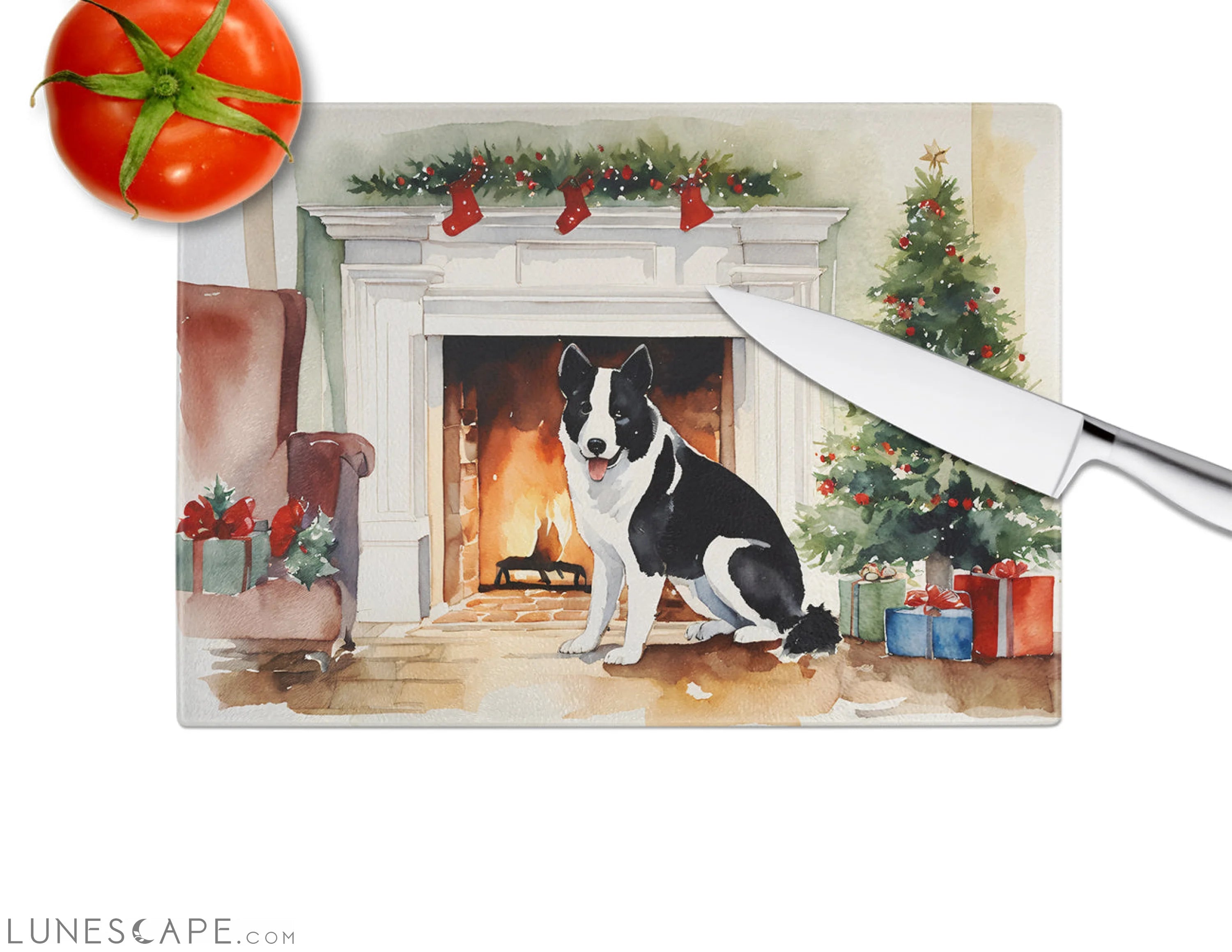 Karelian Bear Dog Cozy Christmas Glass Cutting Board LUNESCAPE