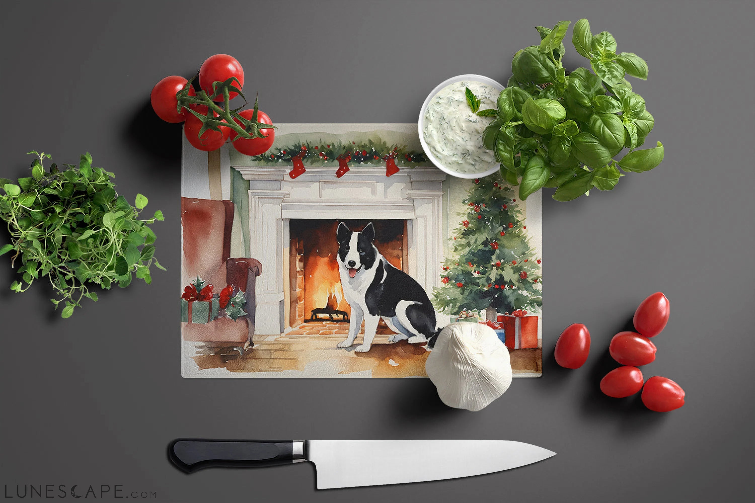 Karelian Bear Dog Cozy Christmas Glass Cutting Board LUNESCAPE