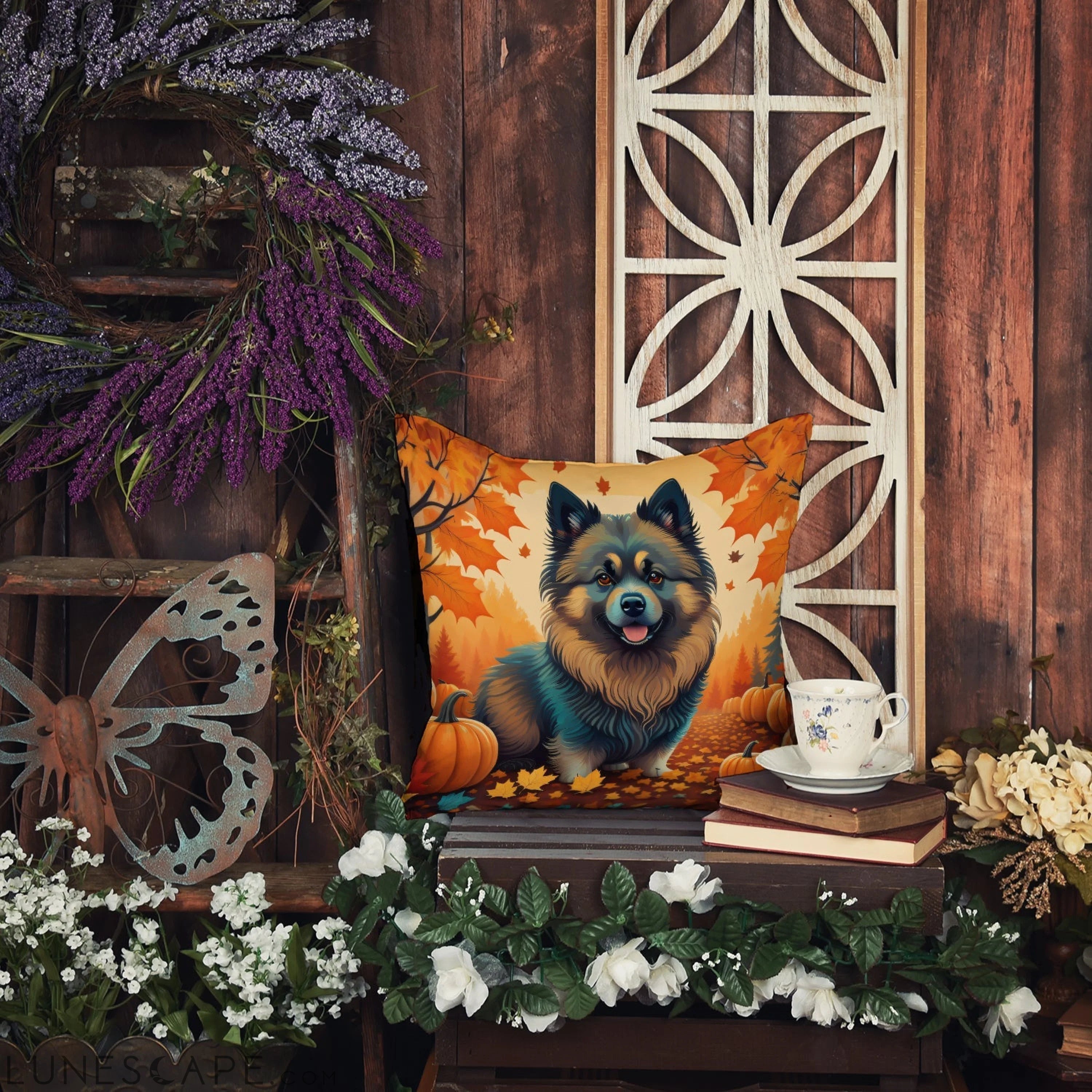 Keeshond Fall Throw Pillow LUNESCAPE