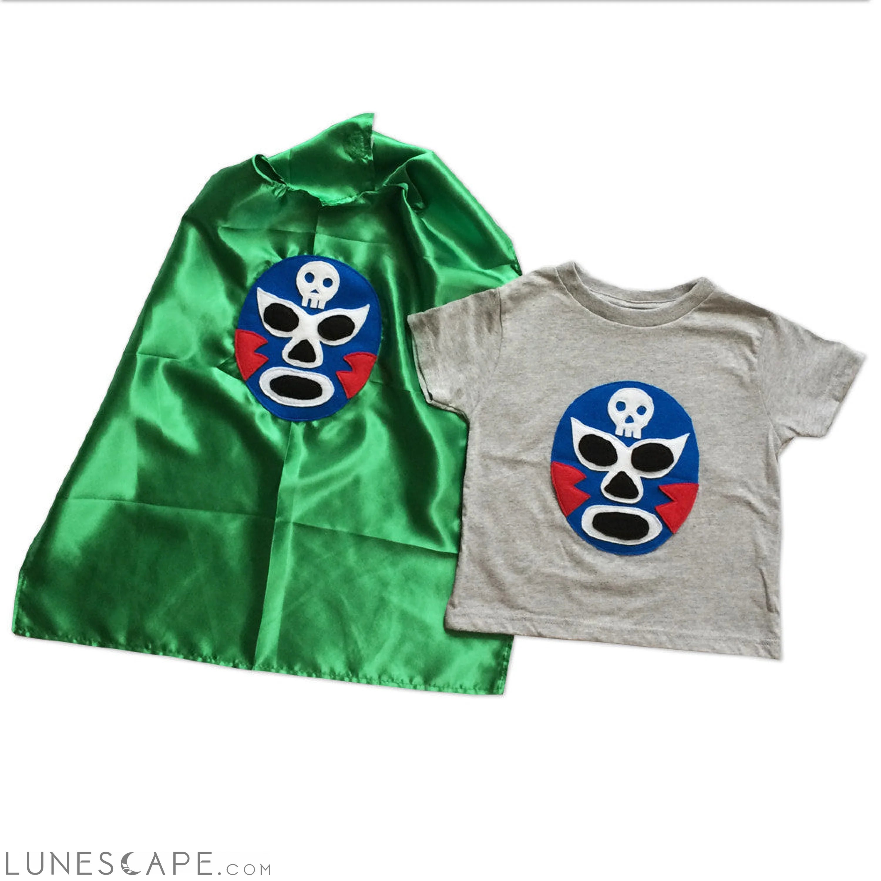 Kid's Cape and Shirt-Luchador Azul - Blue Mexican Wrestler Toddler T-Shirt & Green Cape Combo LUNESCAPE