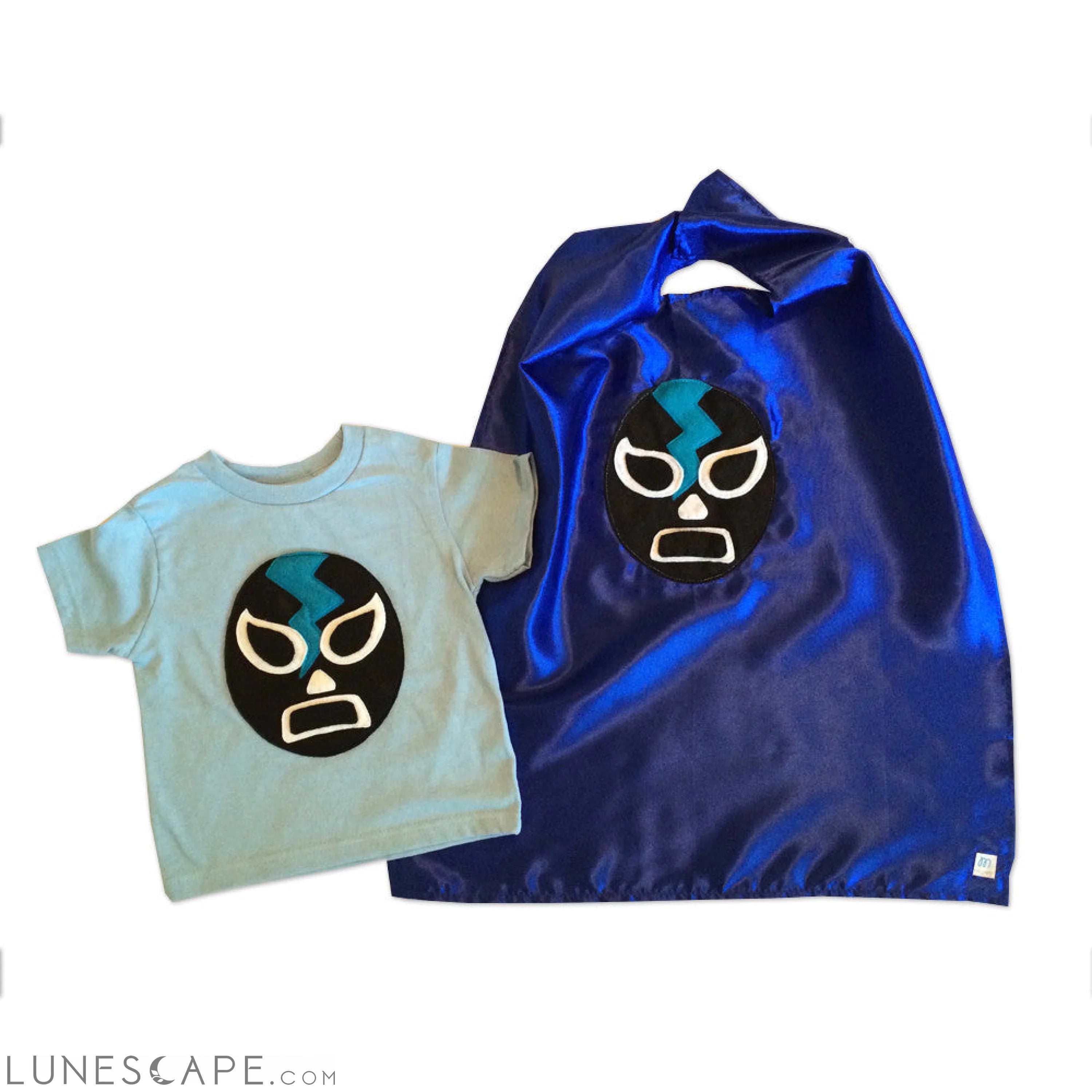 Kid's Cape and Shirt- Luchador Negro - Black Mexican Wrestler Toddler T-Shirt & Blue Cape Combo LUNESCAPE