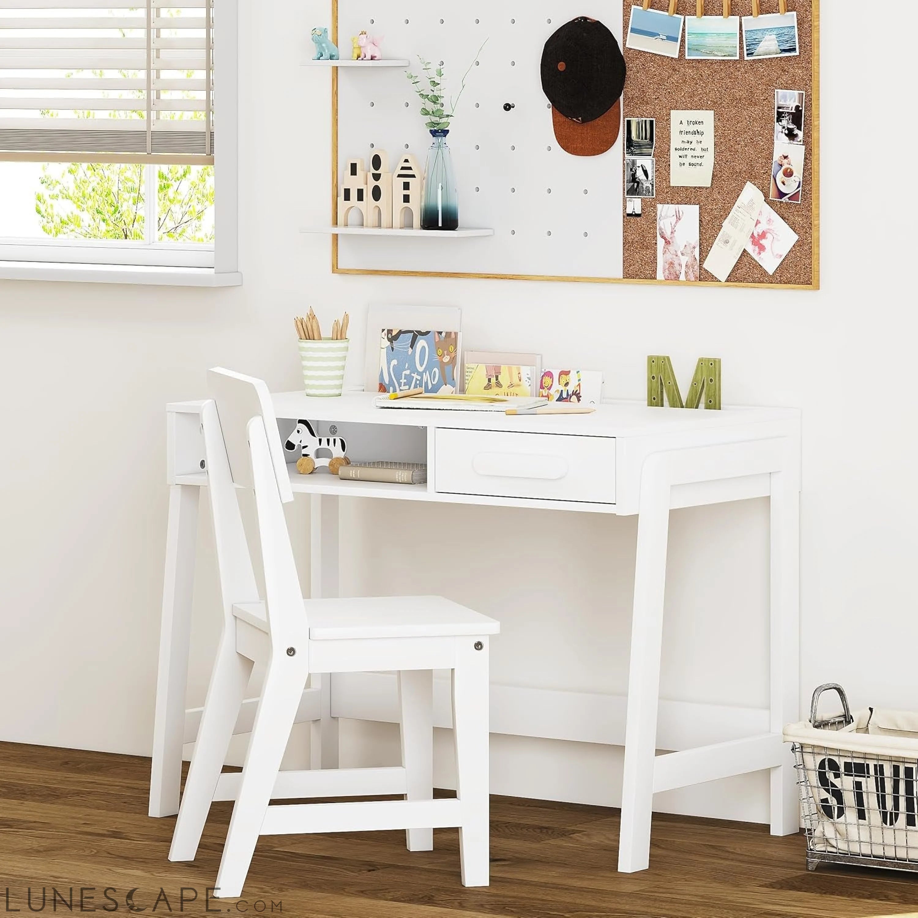 Kids Desk and Chair Set, Study Desk for Kids with Drawers, Wooden LUNESCAPE