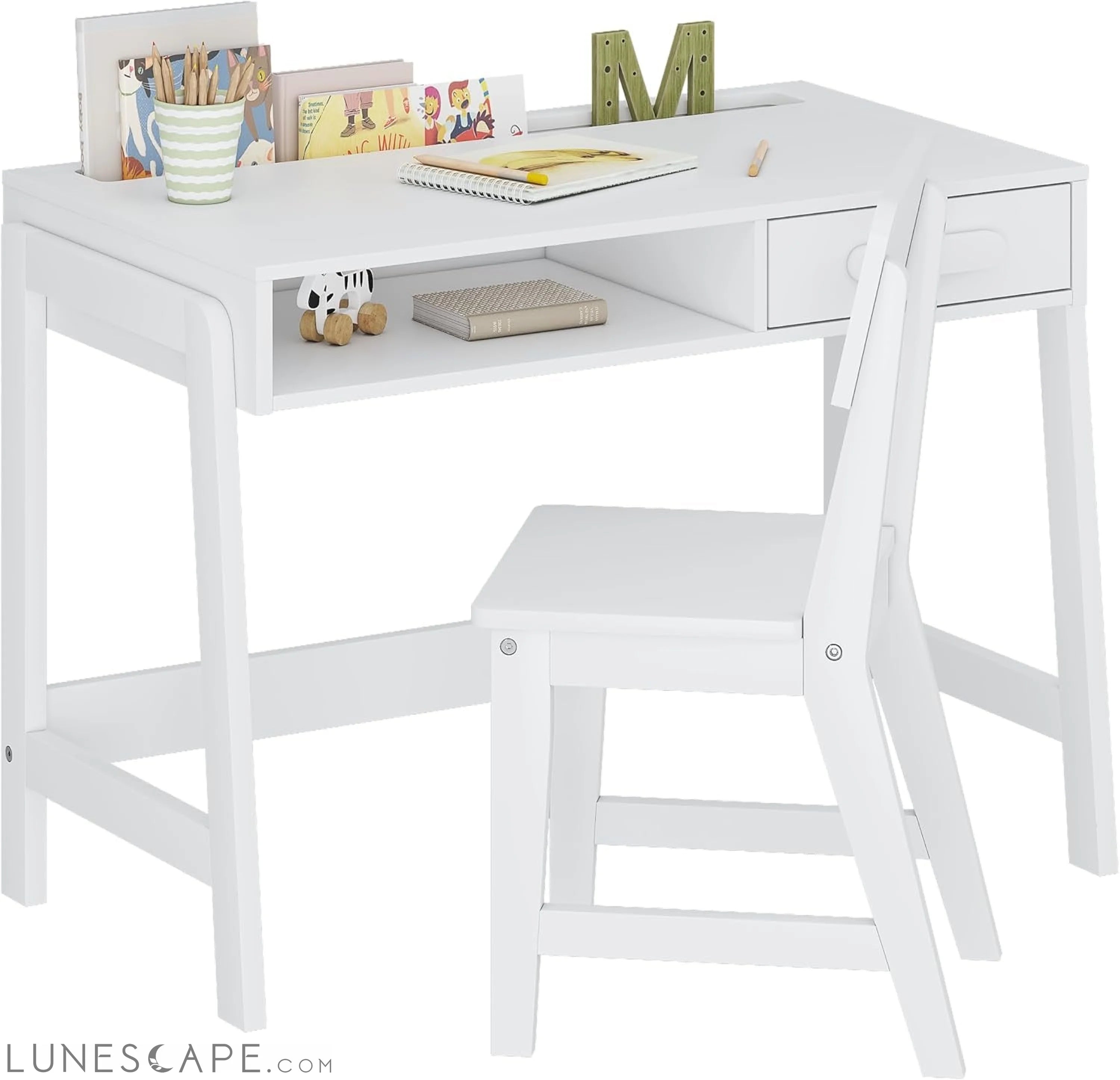 Kids Desk and Chair Set, Study Desk for Kids with Drawers, Wooden LUNESCAPE