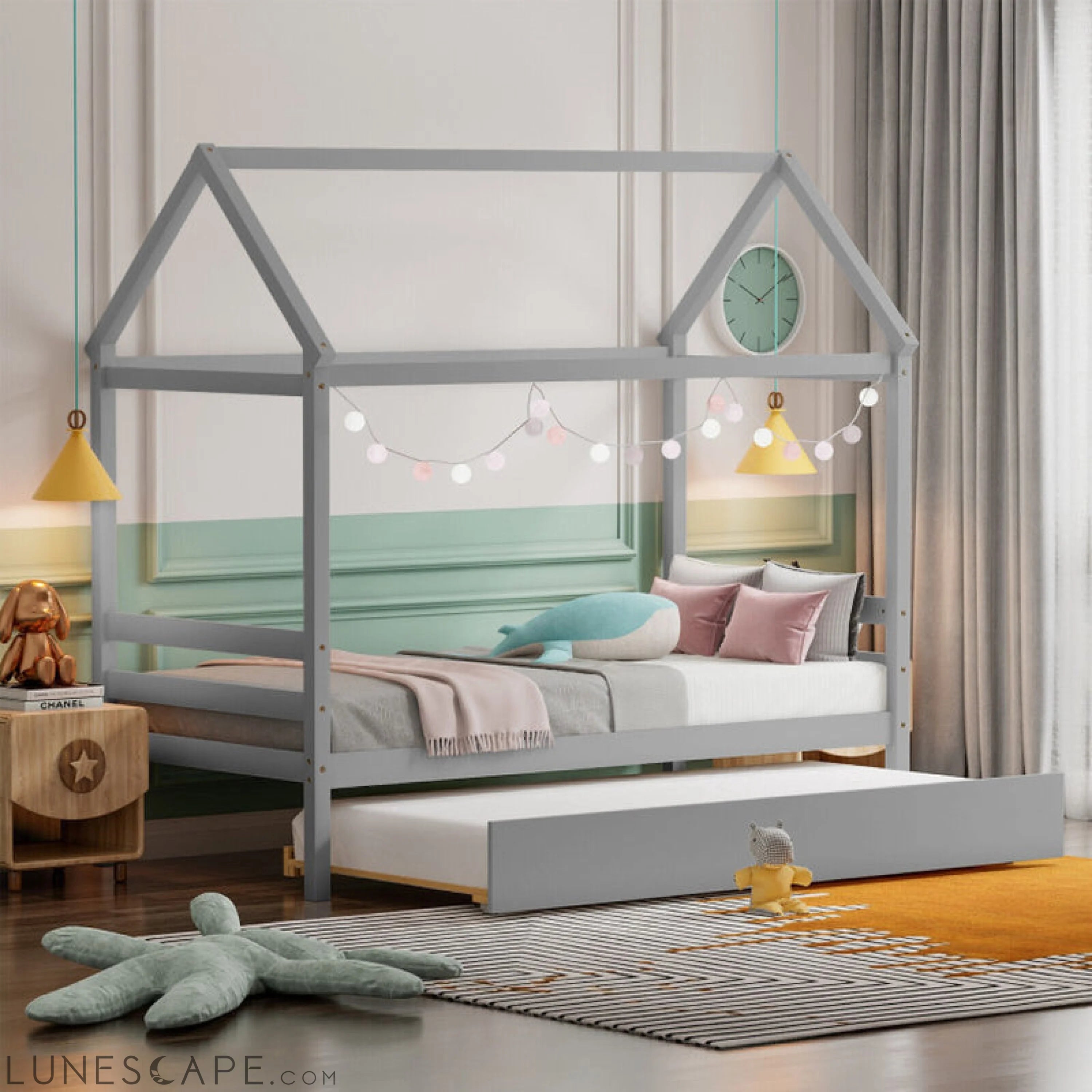 Kids Platform Bed Frame with Roof for Bedroom LUNESCAPE