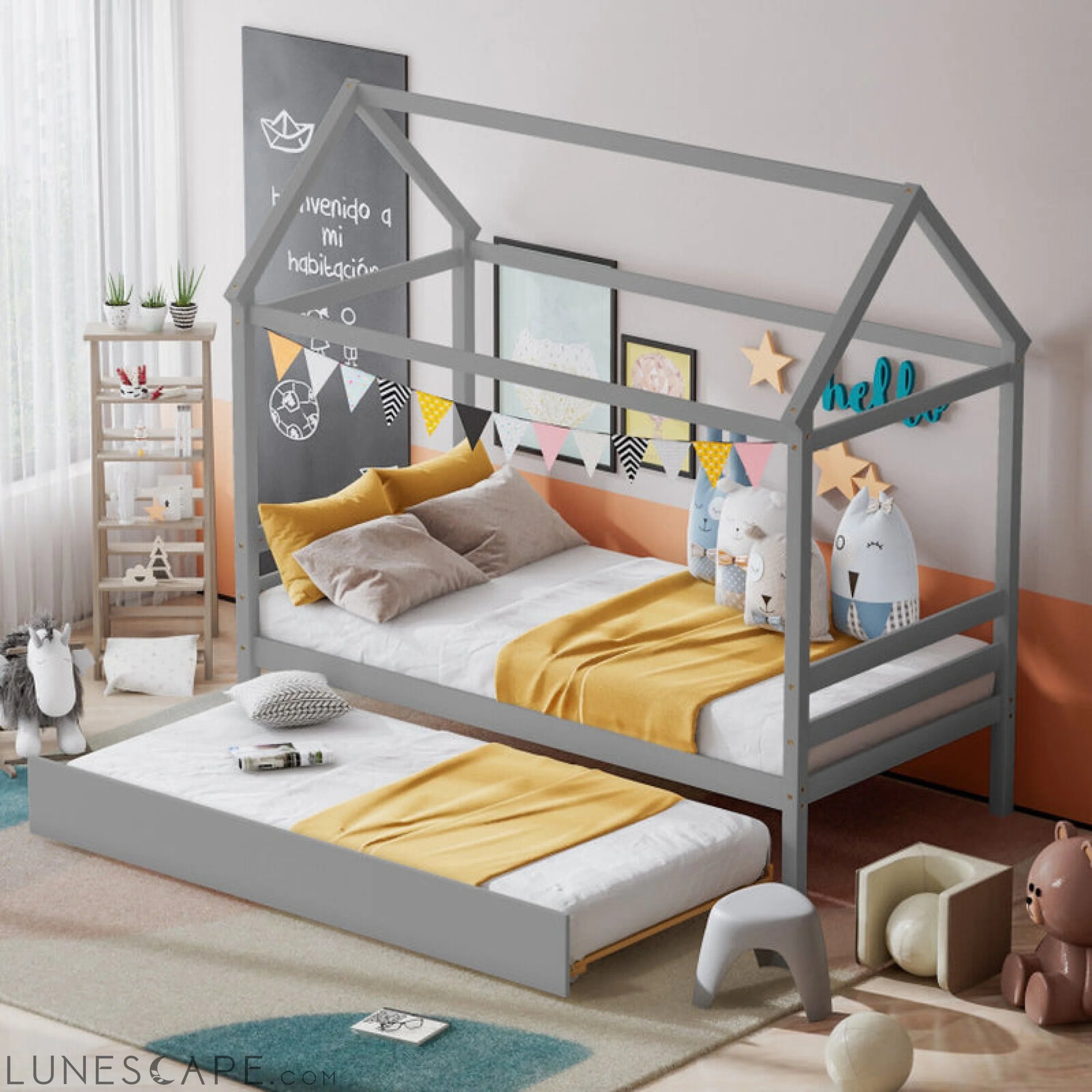 Kids Platform Bed Frame with Roof for Bedroom LUNESCAPE