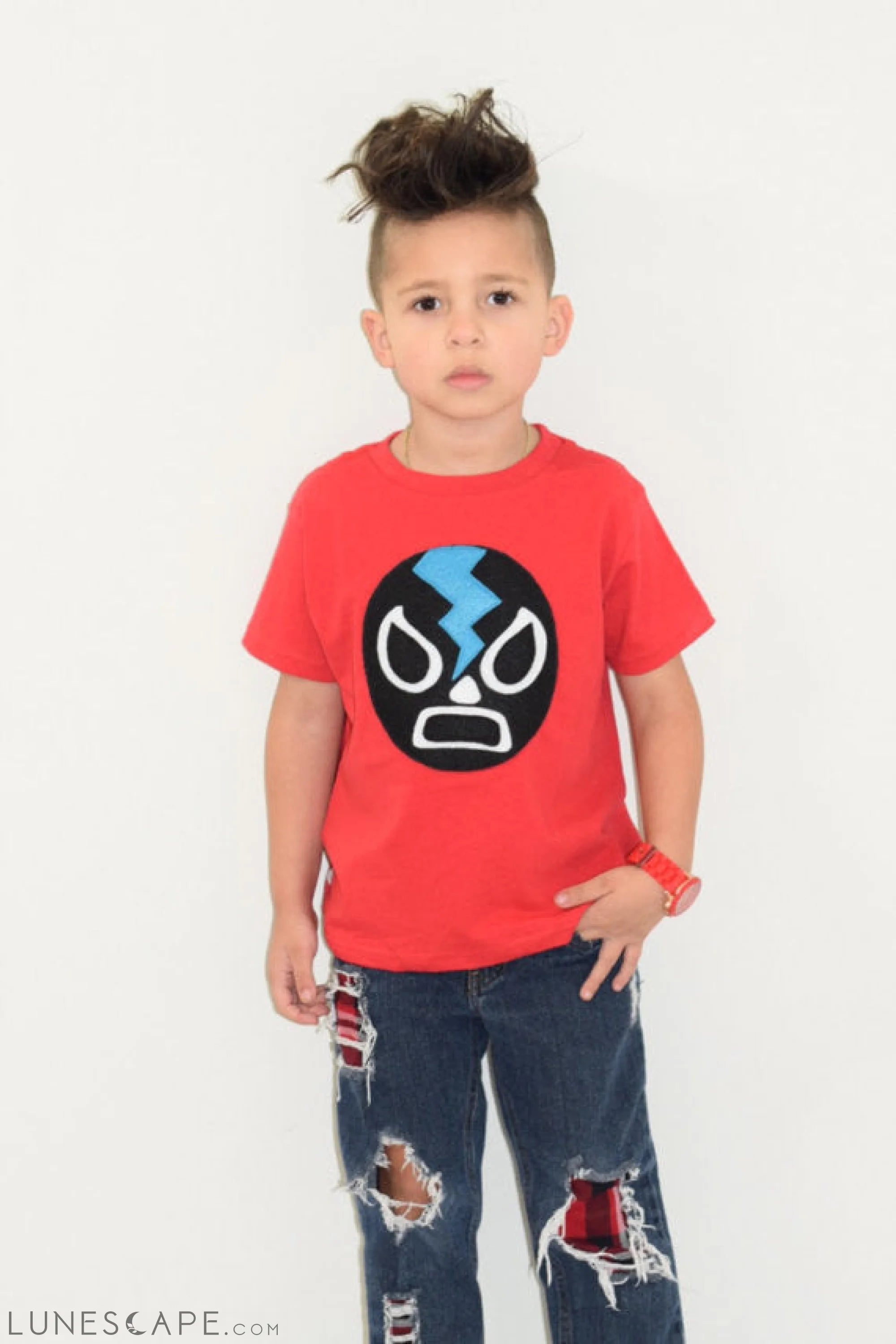 Kids T-Shirt - Luchador Negro - Black Mexican Wrestler Kids (Red) Shirt LUNESCAPE