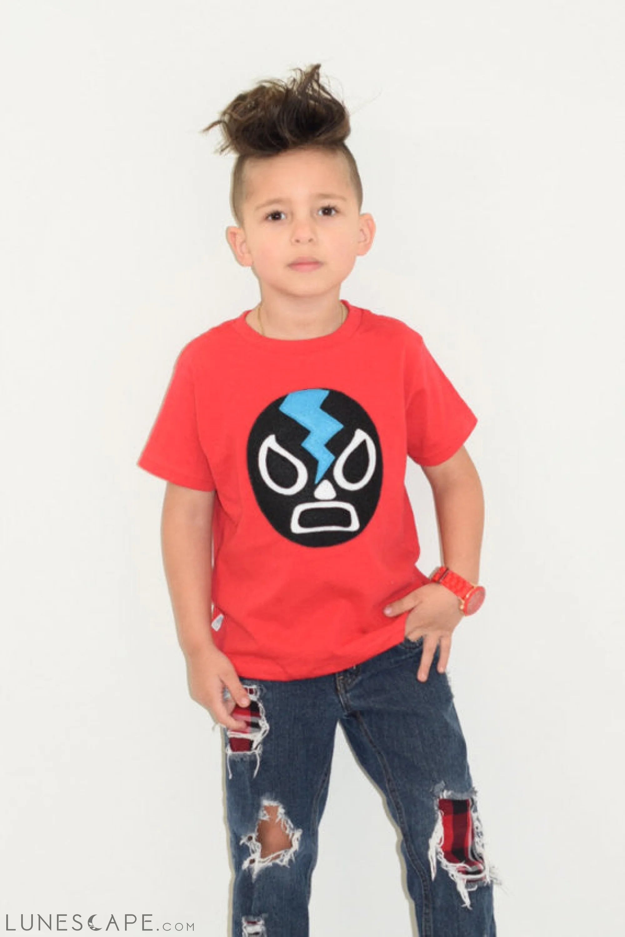 Kids T-Shirt - Luchador Negro - Black Mexican Wrestler Kids (Red) Shirt LUNESCAPE