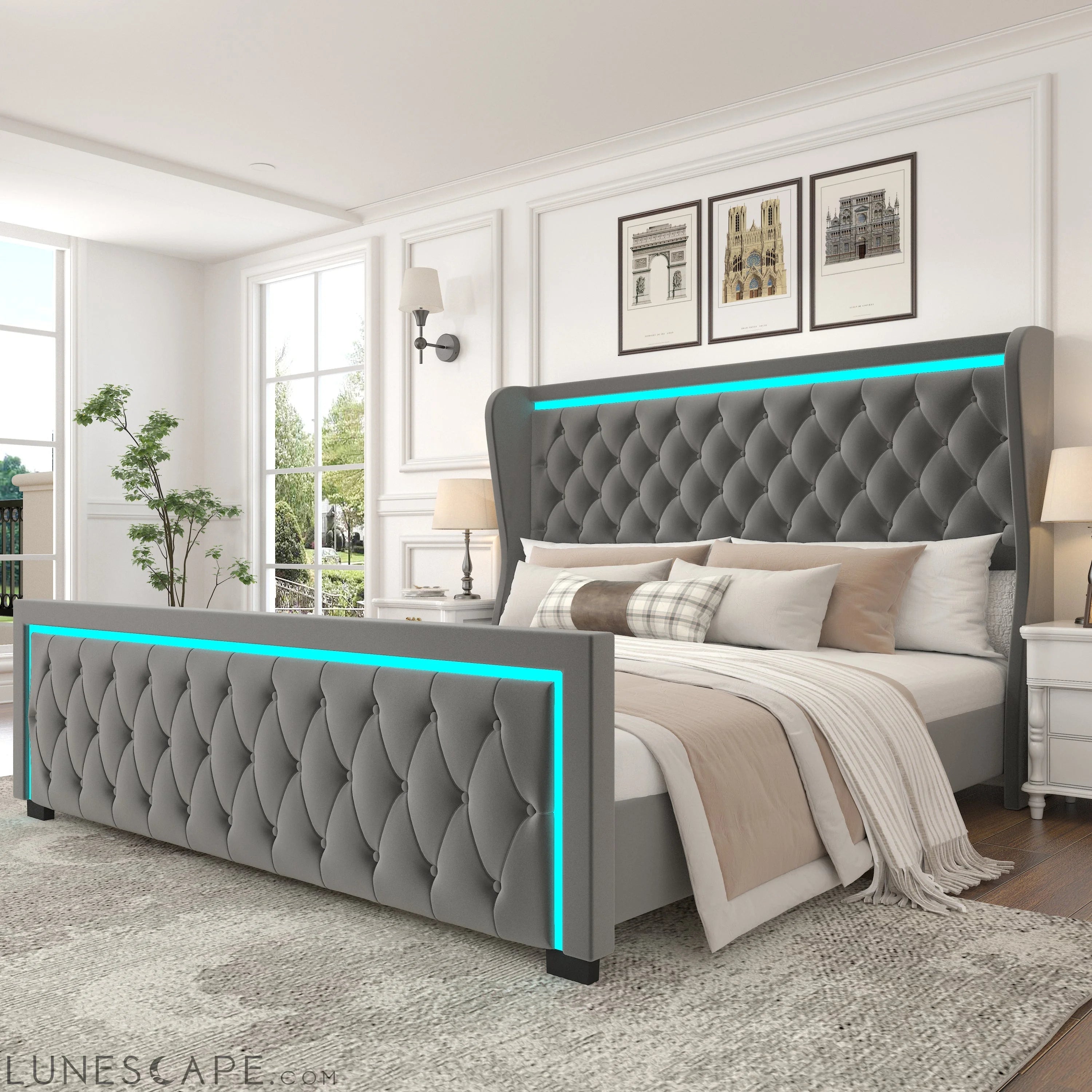 King Platform Bed Frame With High headboard, Velvet Upholstered Bed LUNESCAPE