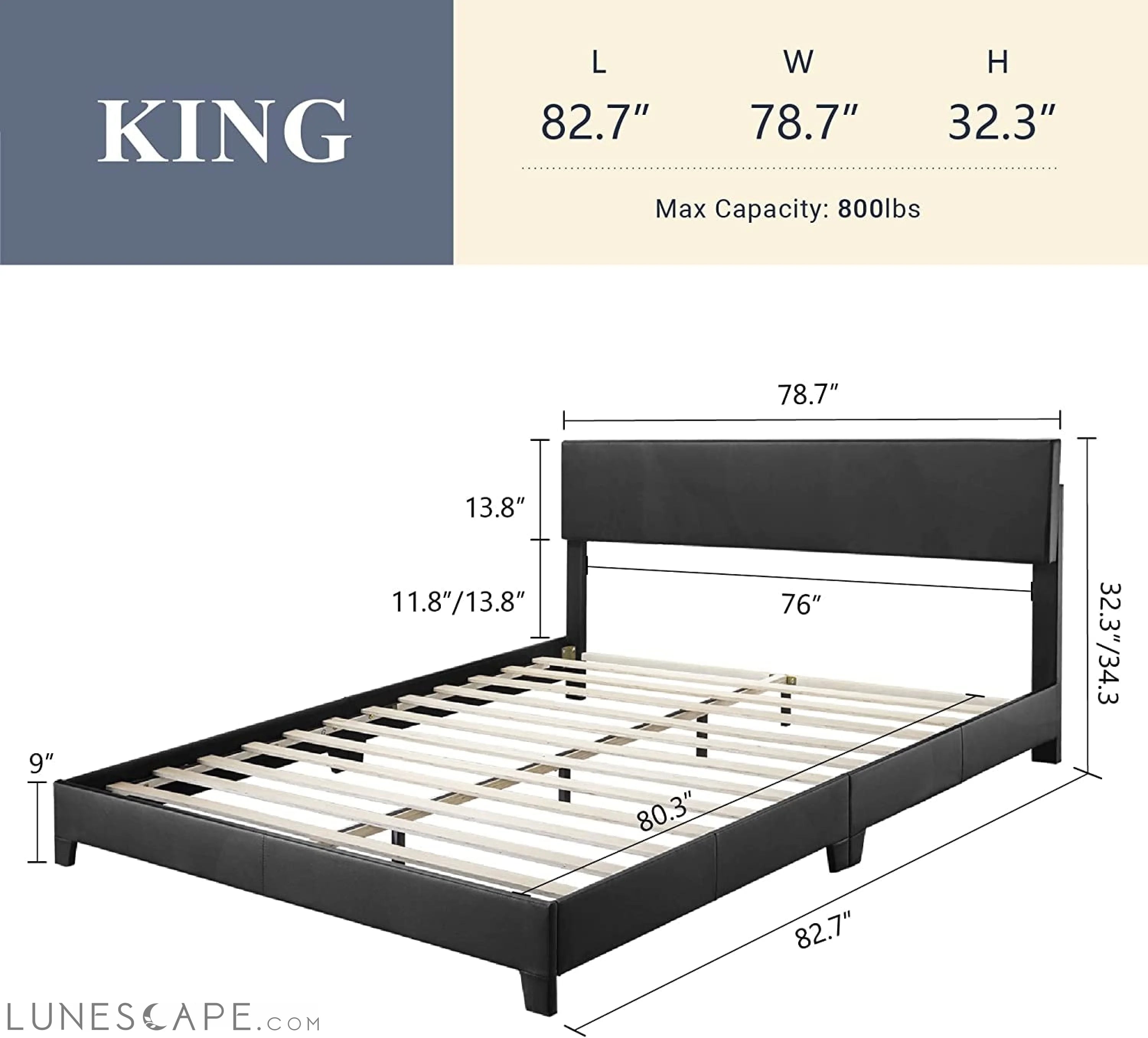 King Upholstered Platform Bed Frame, Adjustable Headboard LUNESCAPE