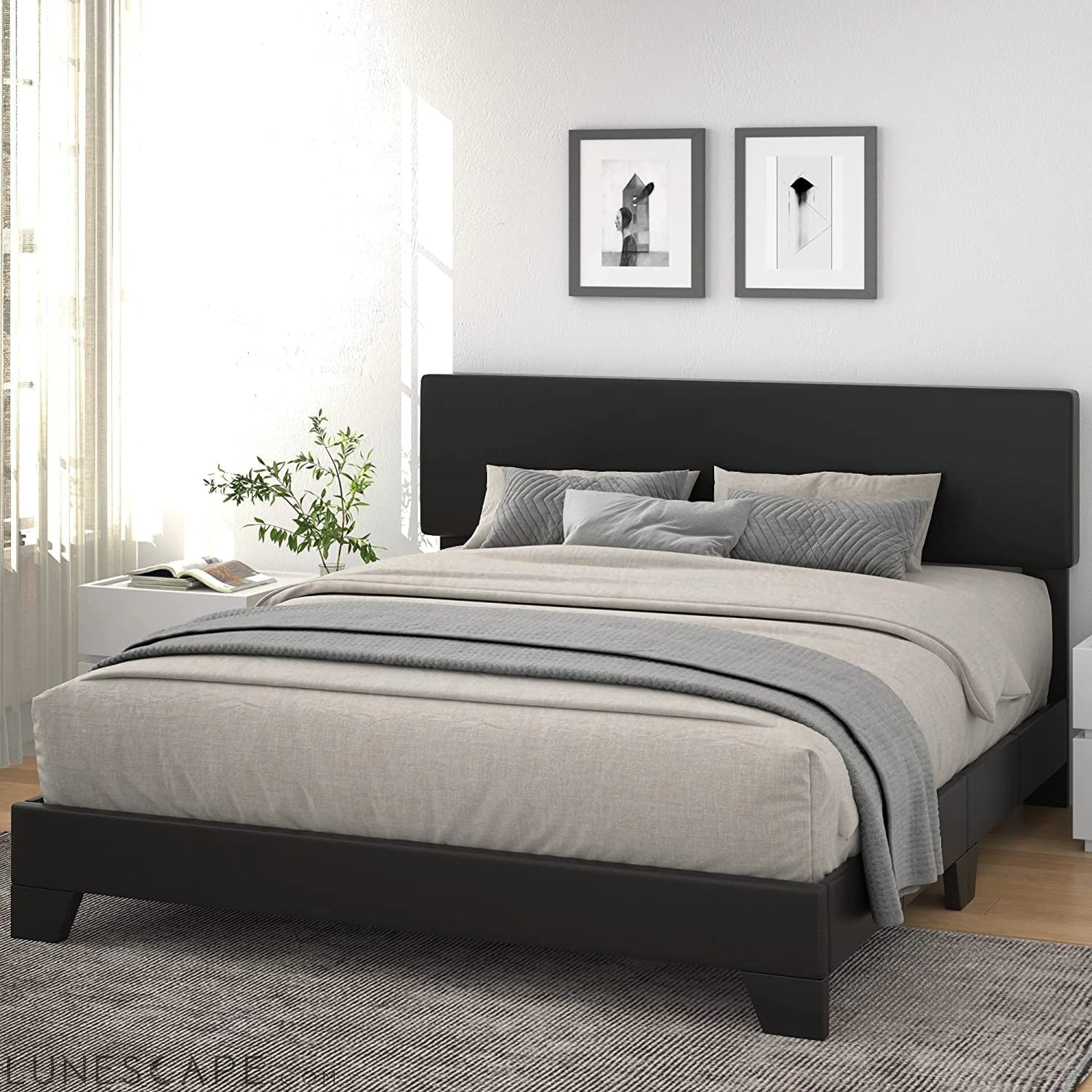 King Upholstered Platform Bed Frame, Adjustable Headboard LUNESCAPE