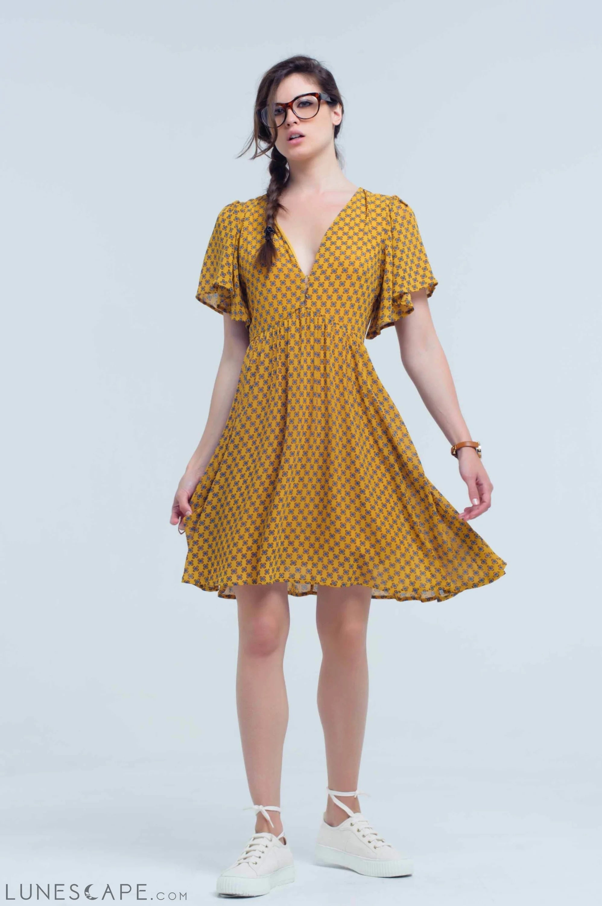 Knee-Length Yellow Dress With Flight and Geometric Pattern LUNESCAPE