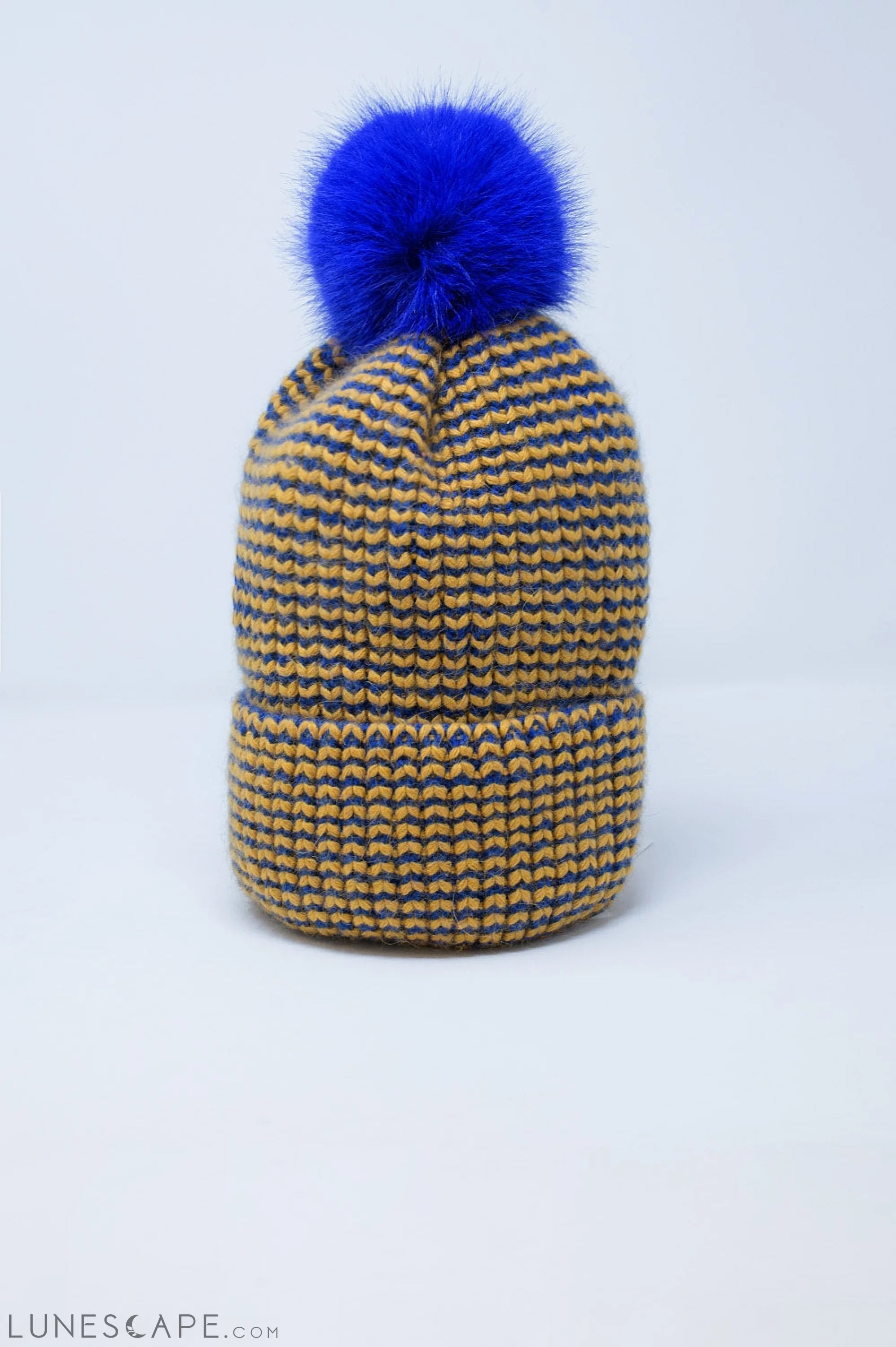 Knitted Beanie With Pom Pom in Blue and Yellow LUNESCAPE