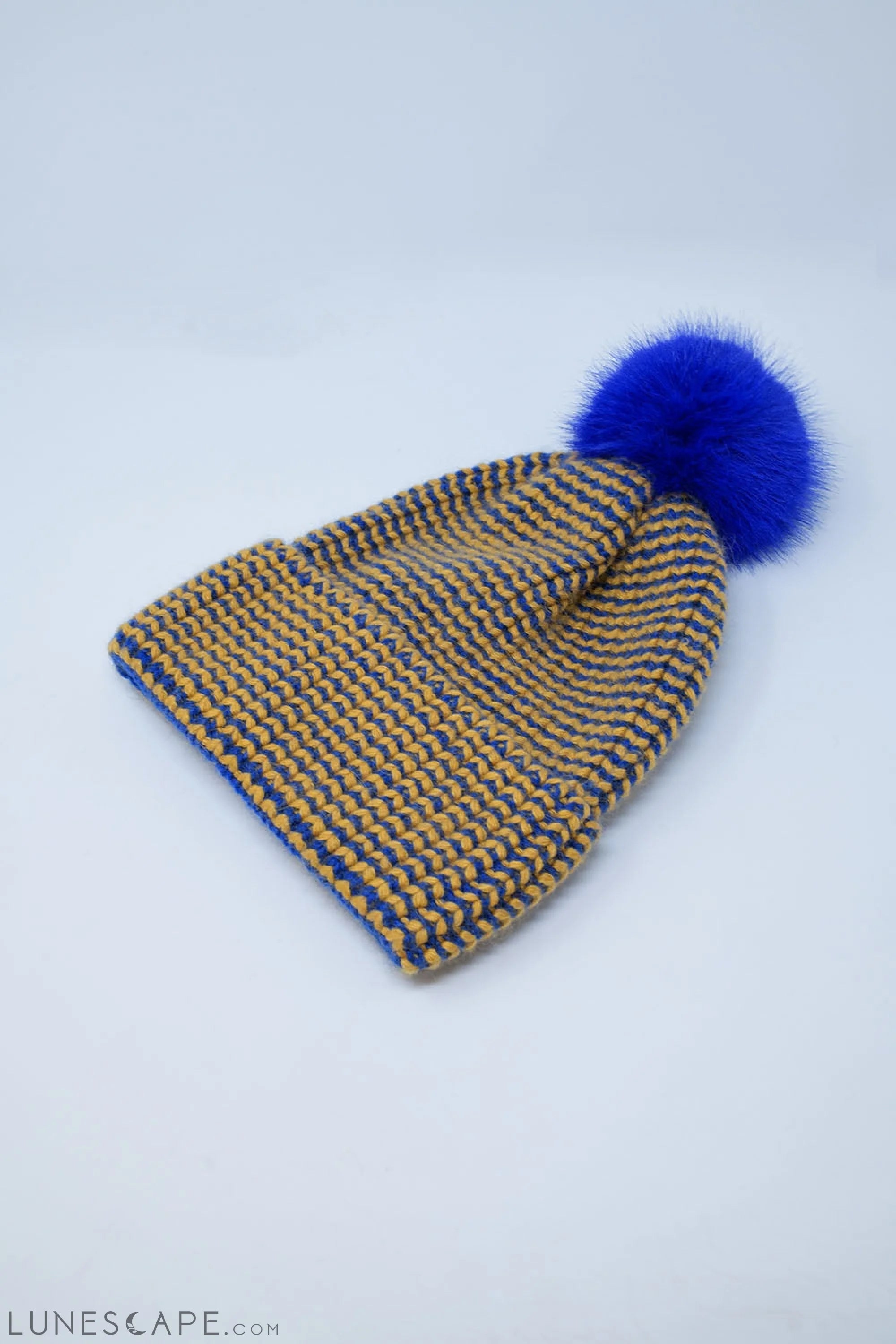 Knitted Beanie With Pom Pom in Blue and Yellow LUNESCAPE