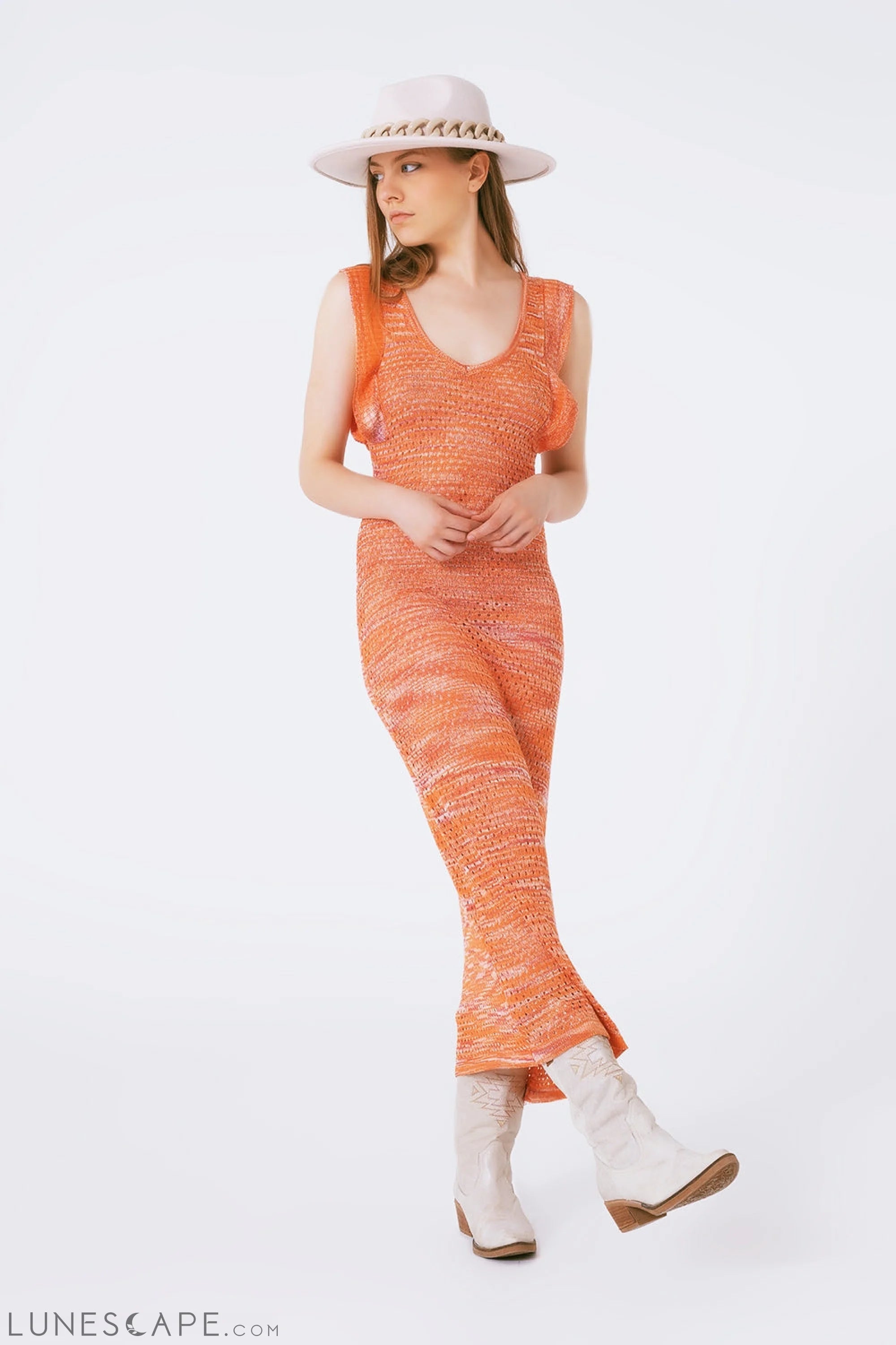 Knitted Long Dress With Chest Ruffle in Melange Orange LUNESCAPE
